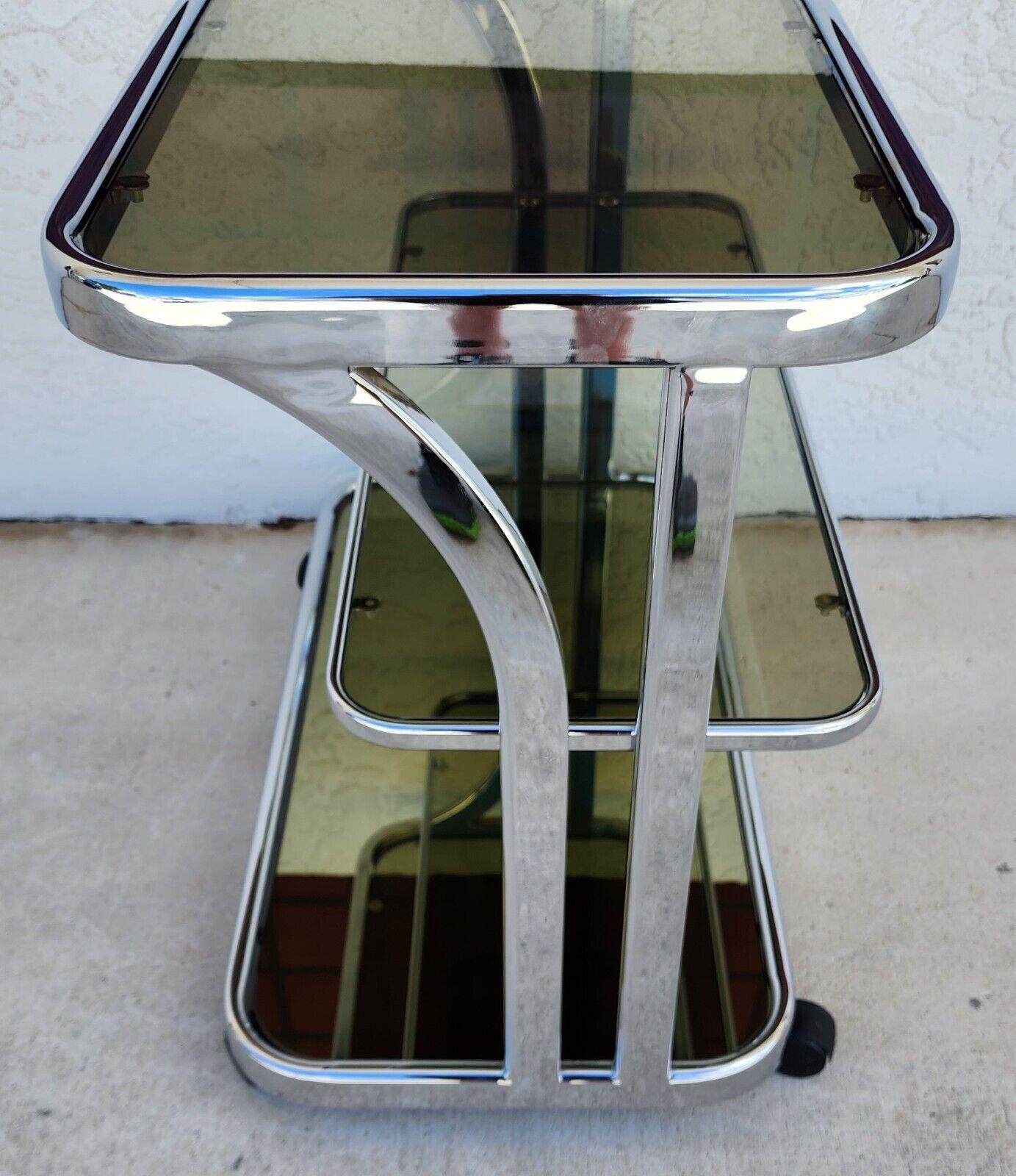 Vintage Bar Cart Chrome Smoked Glass & Mirror Rolling 1980s For Sale 5