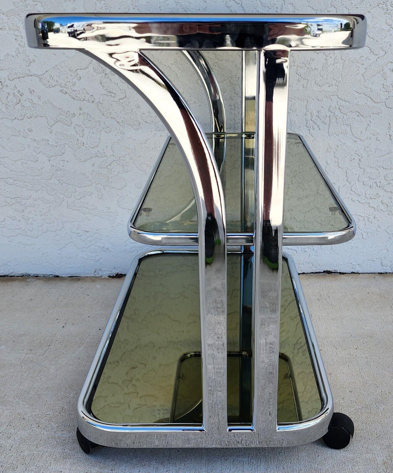 Vintage Bar Cart Chrome Smoked Glass & Mirror Rolling 1980s For Sale 6