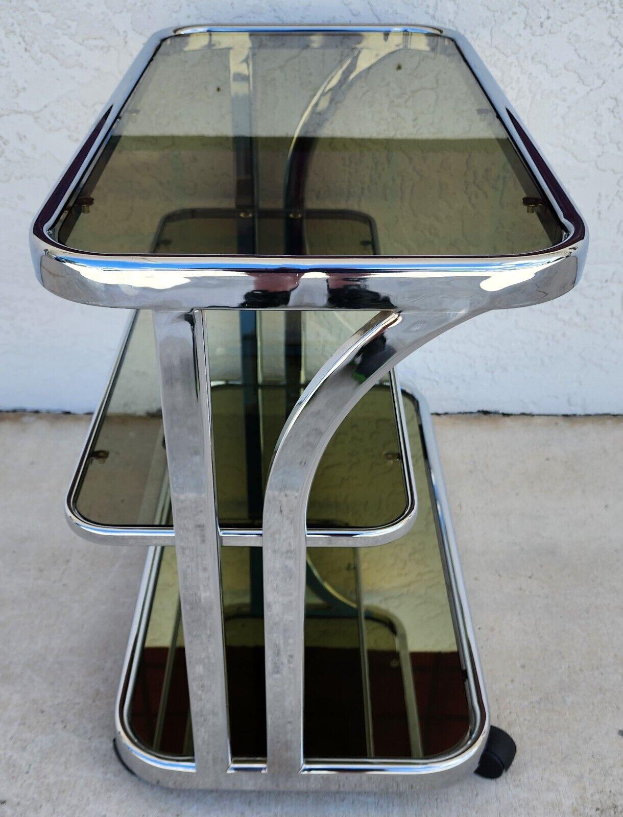 Mid-Century Modern Vintage Bar Cart Chrome Smoked Glass & Mirror Rolling 1980s For Sale