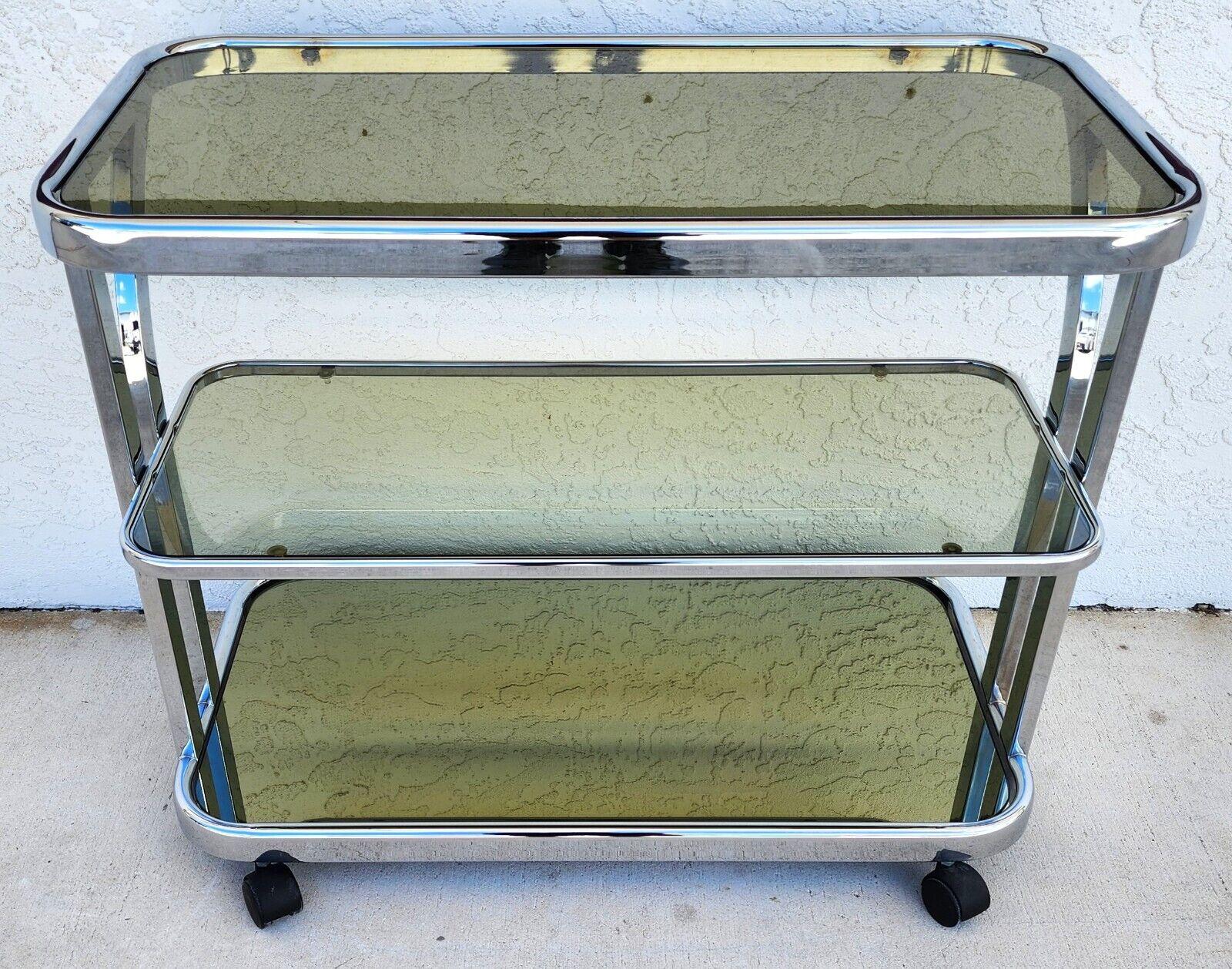 Vintage Bar Cart Chrome Smoked Glass & Mirror Rolling 1980s In Good Condition For Sale In Lake Worth, FL