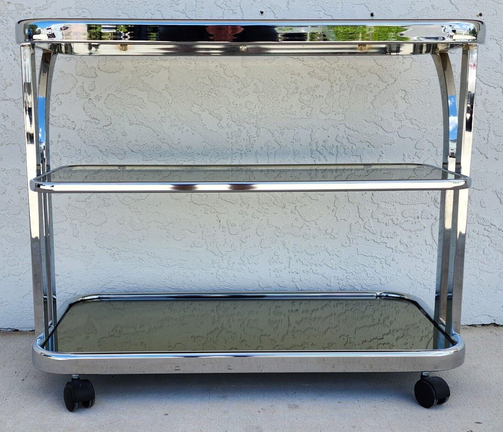 Late 20th Century Vintage Bar Cart Chrome Smoked Glass & Mirror Rolling 1980s For Sale
