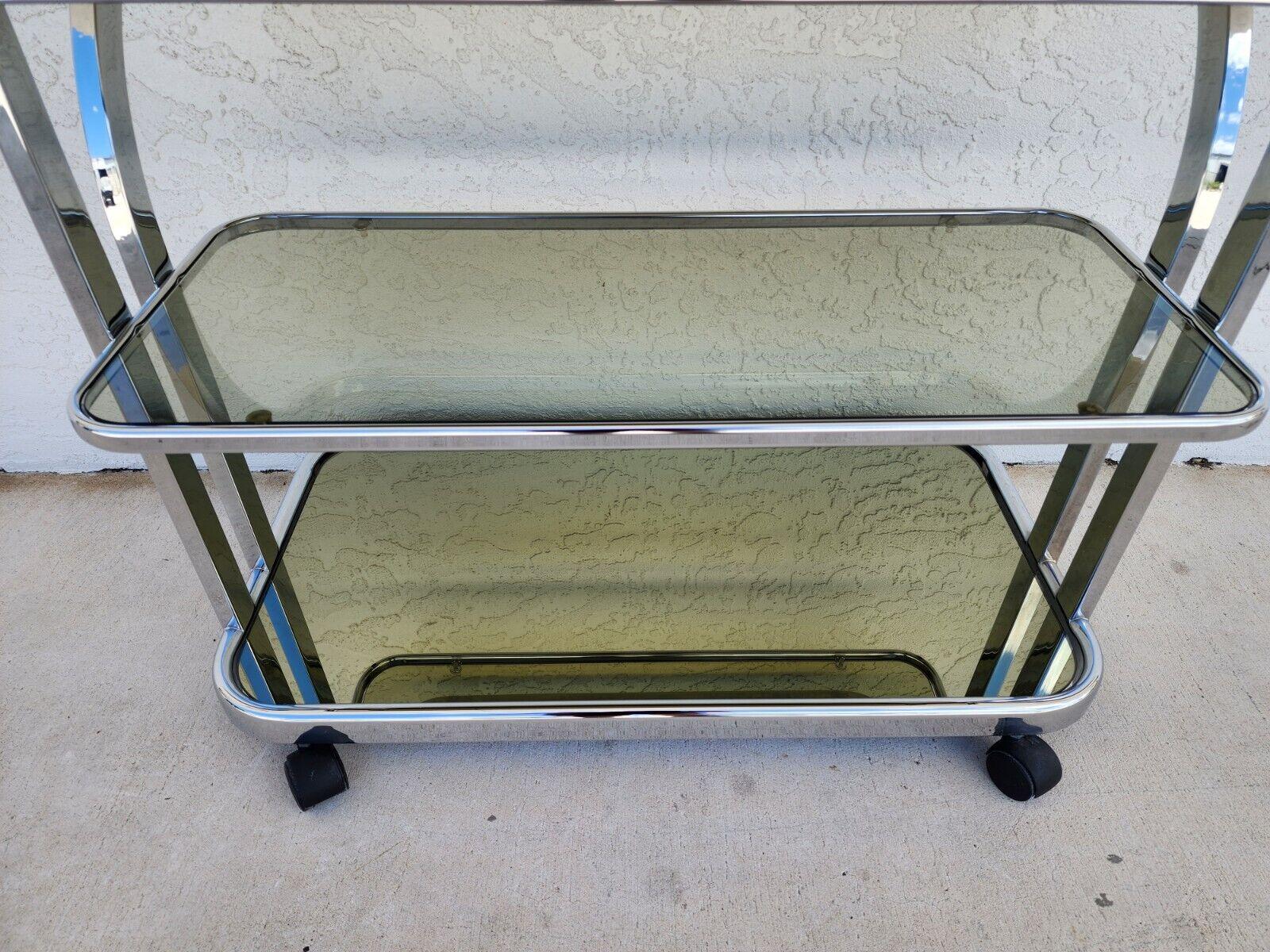 Vintage Bar Cart Chrome Smoked Glass & Mirror Rolling 1980s For Sale 1