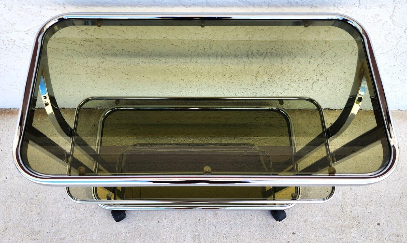 Vintage Bar Cart Chrome Smoked Glass & Mirror Rolling 1980s For Sale 2