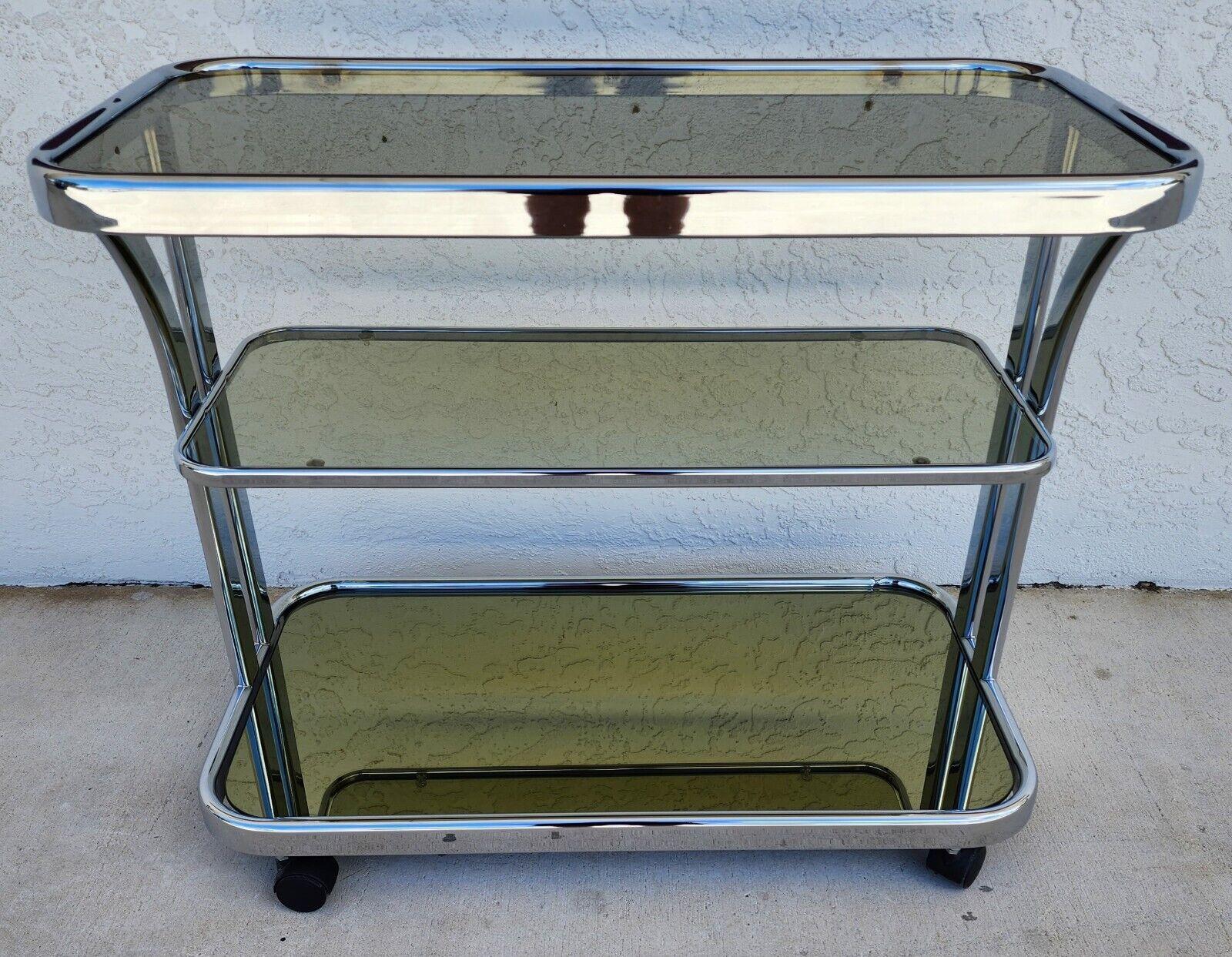 Vintage Bar Cart Chrome Smoked Glass & Mirror Rolling 1980s For Sale 3