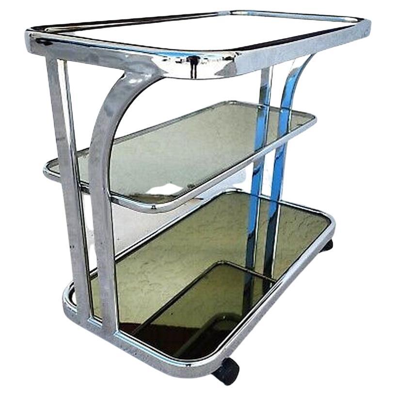 Vintage Bar Cart Chrome Smoked Glass & Mirror Rolling 1980s For Sale