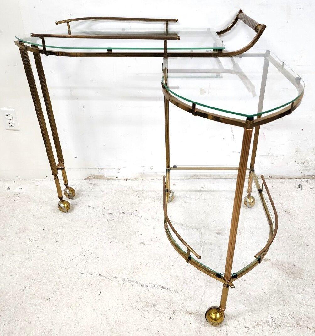 Hollywood Regency Vintage Bar Cart Expandable Brass & Glass Rolling Tea Serving For Sale