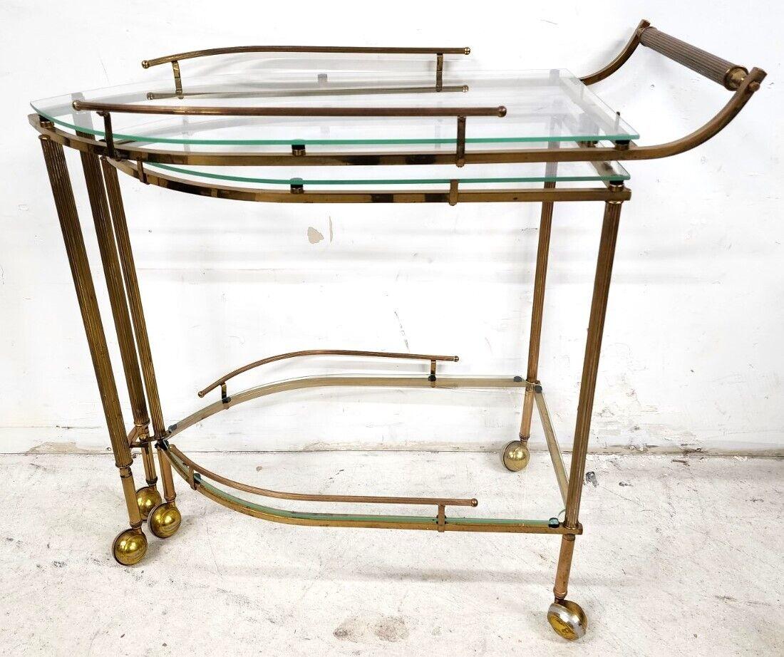 Vintage Bar Cart Expandable Brass & Glass Rolling Tea Serving For Sale 1