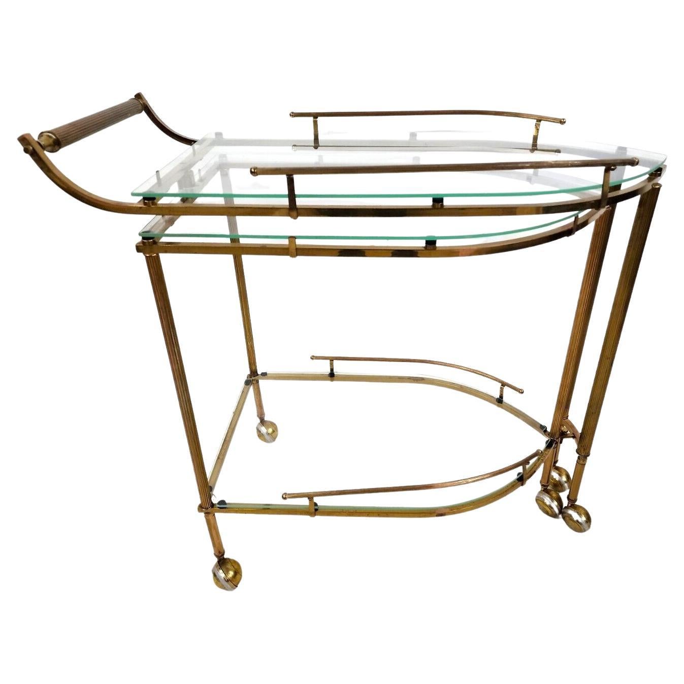 Vintage Bar Cart Expandable Brass & Glass Rolling Tea Serving For Sale