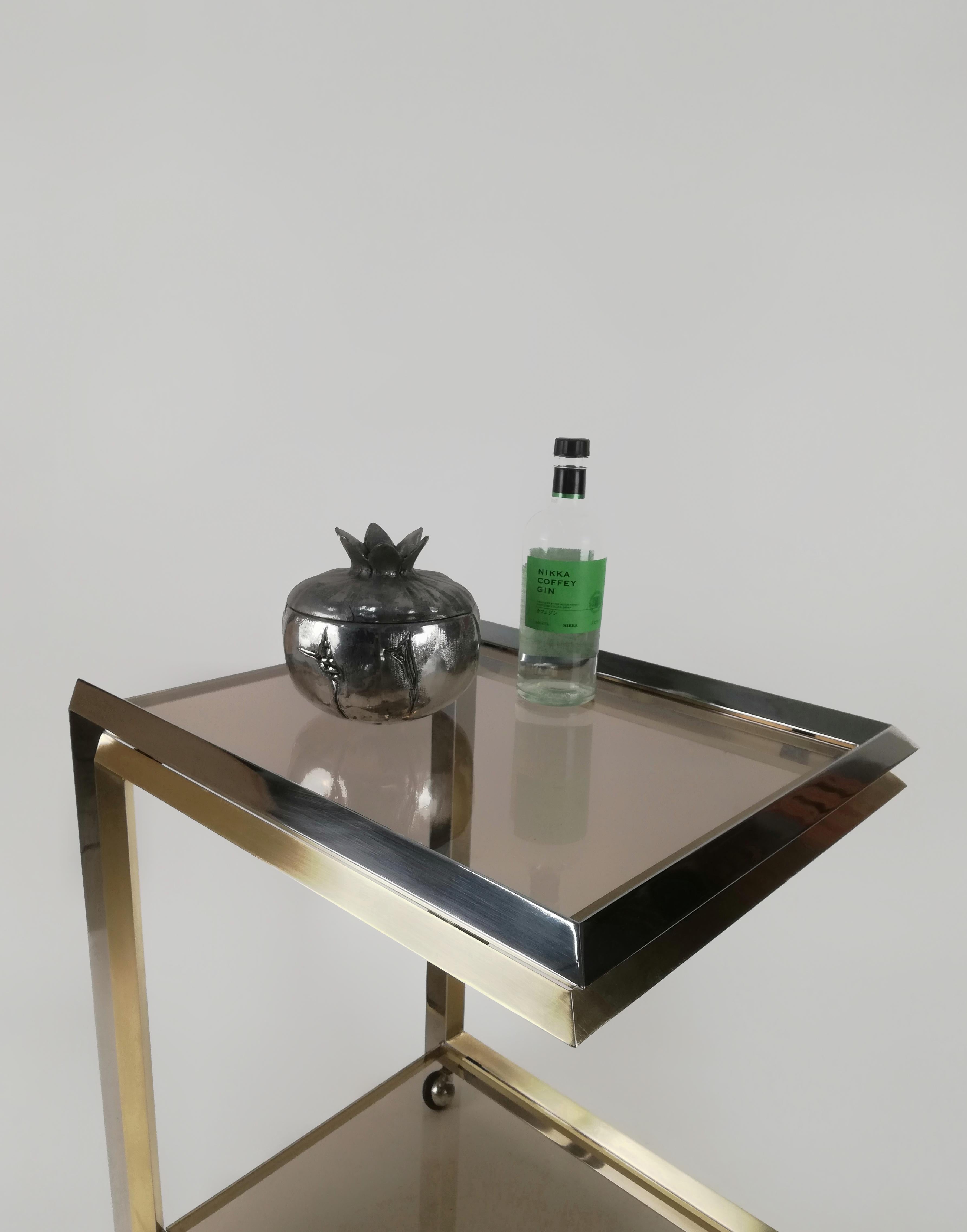 Italian Vintage Bar Cart in the Style of Romeo Rega Made in Chrome and Brass Italy, 1970