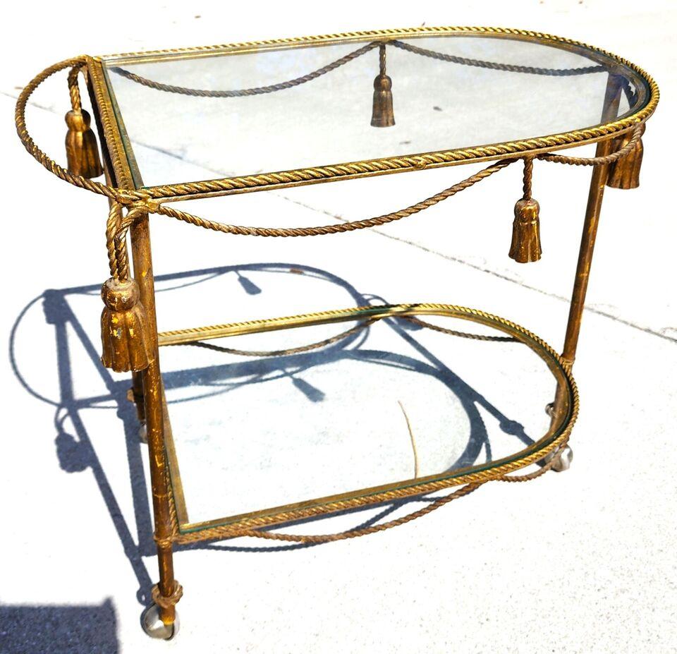Vintage Bar Cart Italian Gilt Rope & Tassel Drinks Trolley In Good Condition For Sale In Lake Worth, FL
