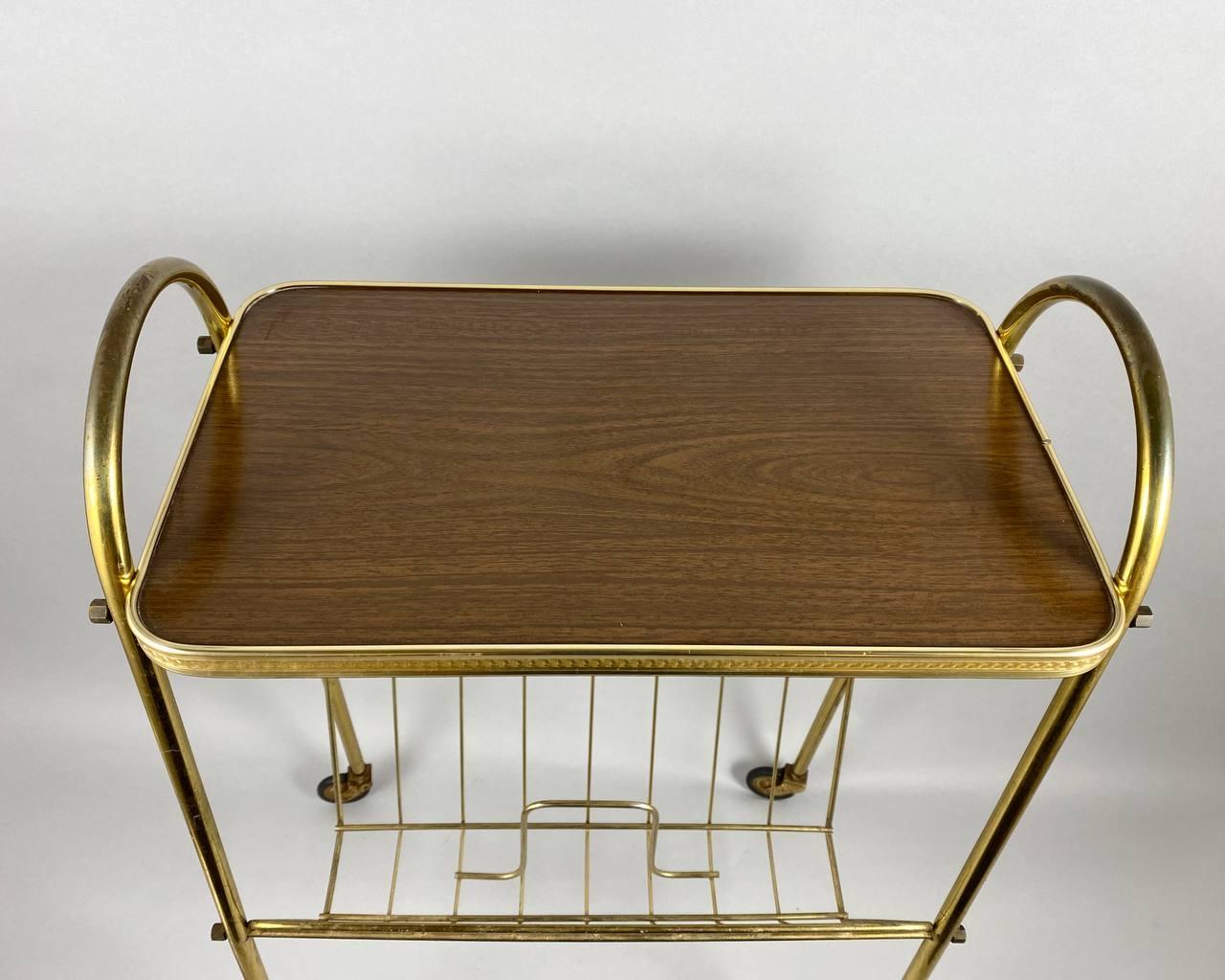 Vintage Bar Cart or Newspaper Tray, Germany  Wooden And Brass Small Tray For Sale 3