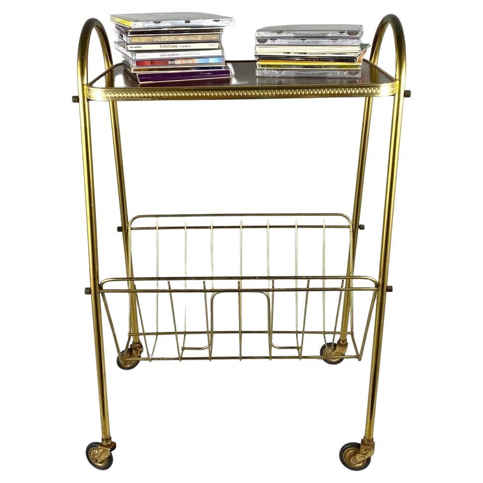 Vintage Bar Cart or Newspaper Tray, Germany  Wooden And Brass Small Tray For Sale