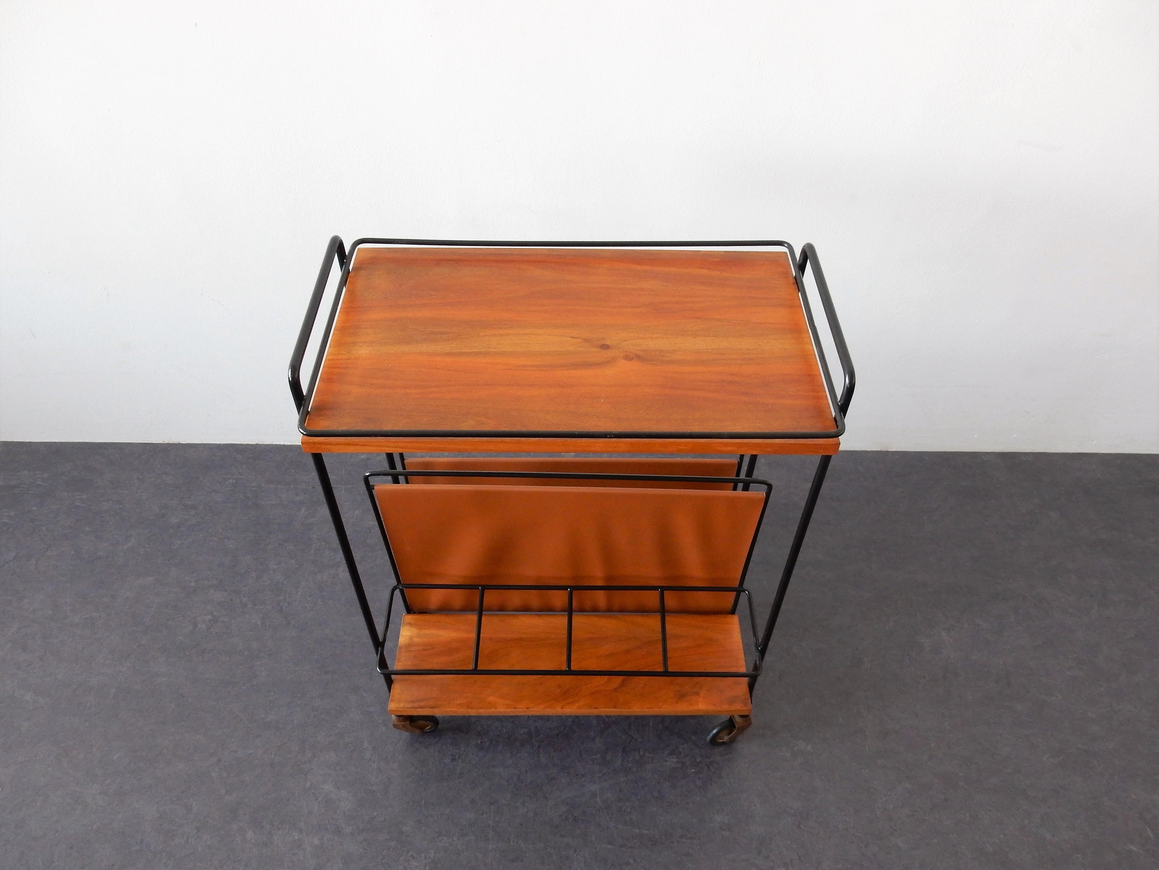 Mid-Century Modern Vintage Bar Cart or Serving Trolley with Magazine Rack, 1960s