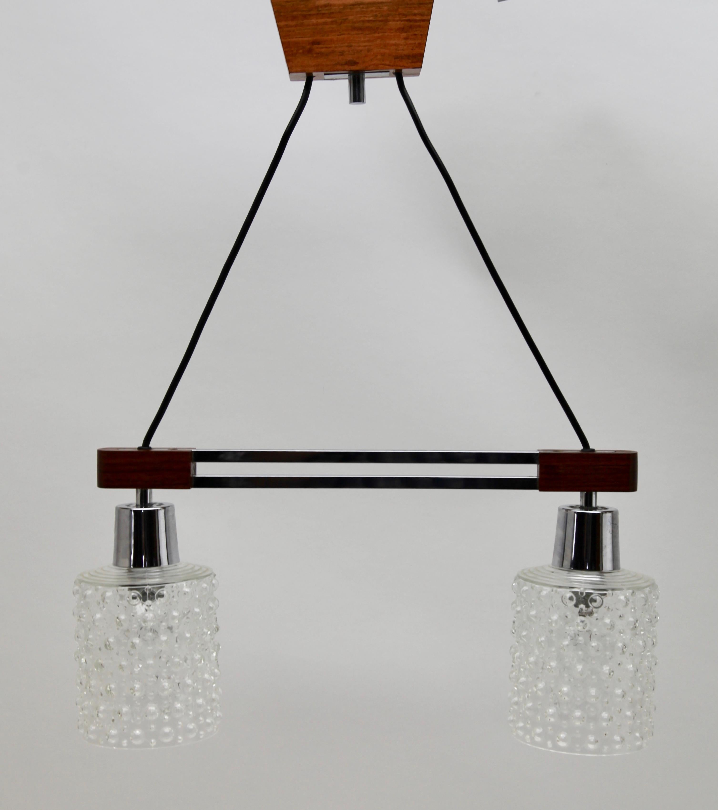 Art Glass Vintage Bar Chandelier 2-Arms Teak, Chrome and Glass in the Style of Kalmar For Sale