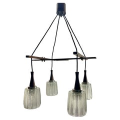 Vintage Bar Chandelier 4-Arms Teak, Chrome and Art Glass in the Style of Kalmar