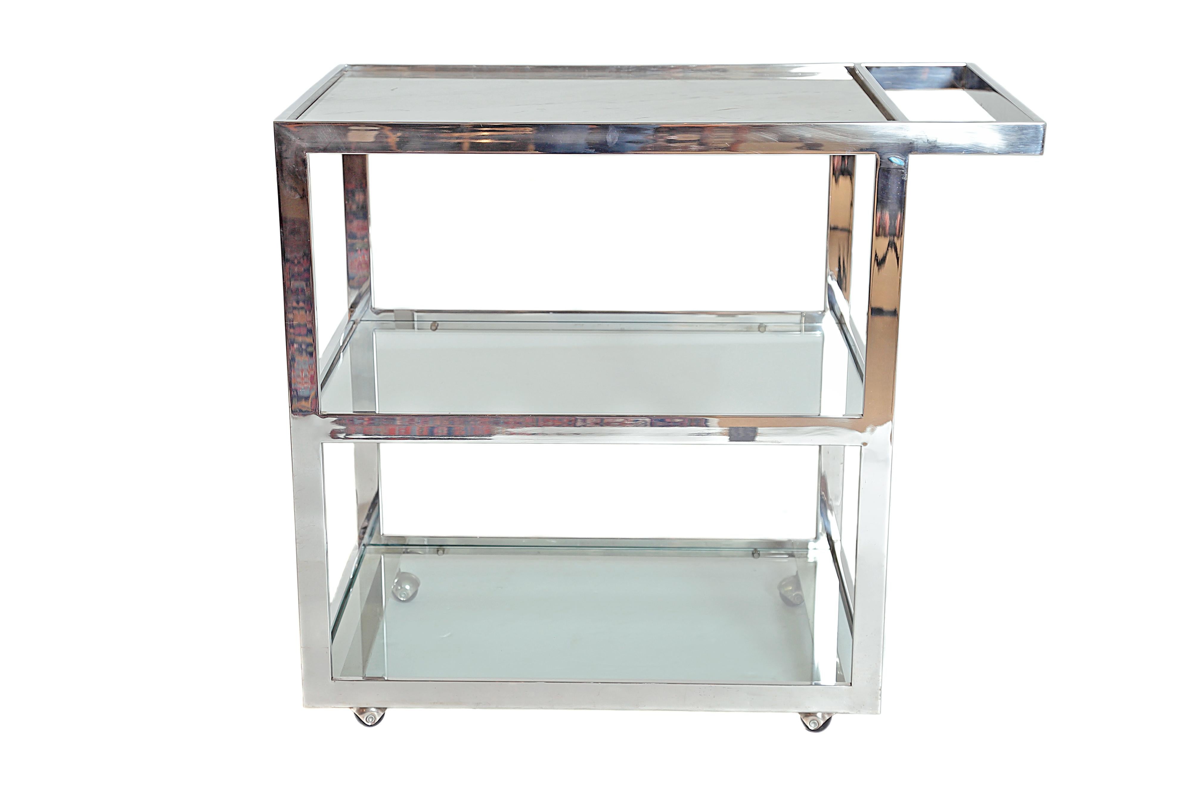 Vintage chrome, glass and Carrara marble, three-tiered drinks cart with handle, attributed to Milo Baughman, circa 1970s.