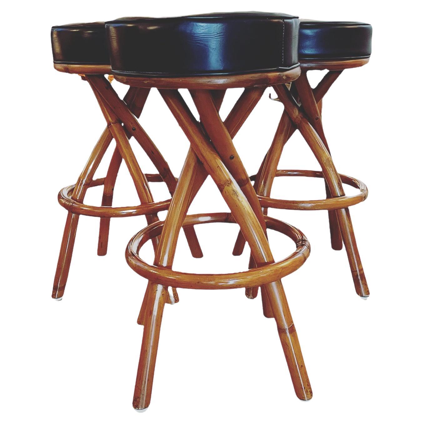 Midcentury Bamboo Rattan Tiki Bentwood Bar Stools Paul Frankl Style For Sale at 1stDibs