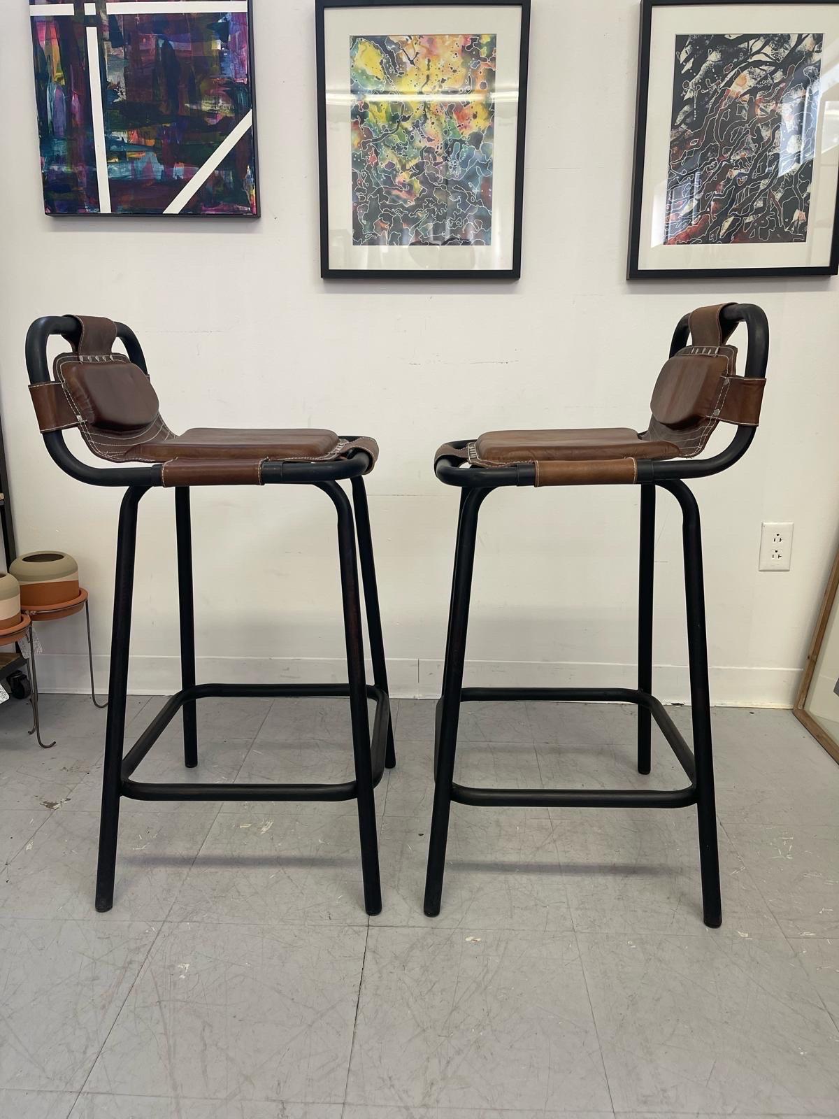 Late 20th Century Vintage Bar Stools With Leather Seats and Black Metal Frame. 2 Available.$295/E For Sale
