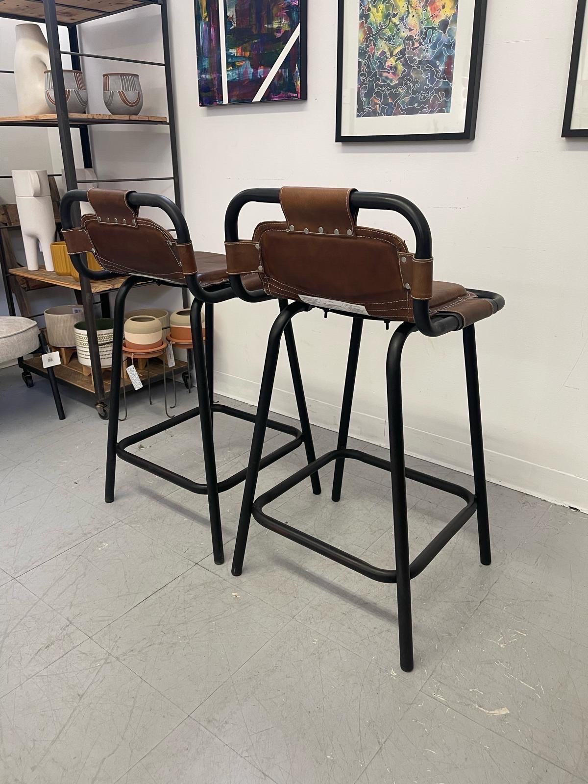 Vintage Bar Stools With Leather Seats and Black Metal Frame. 2 Available.$295/E For Sale 1