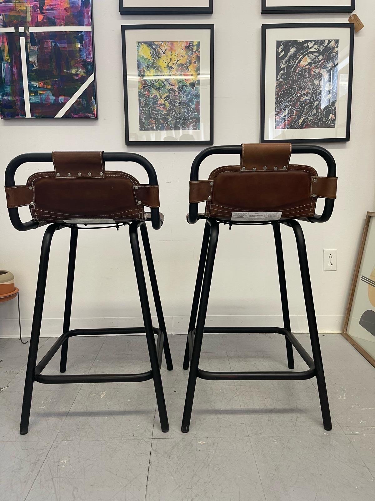 Vintage Bar Stools With Leather Seats and Black Metal Frame. 2 Available.$295/E For Sale 2