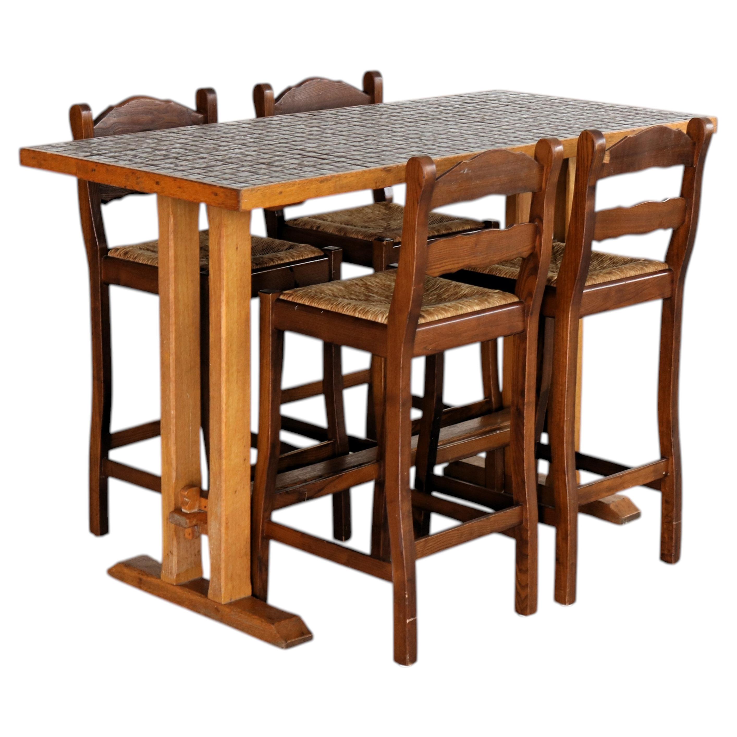 1950s Vintage Bar Table Set with 4 Chairs, Oak & Mosaic Tiles For Sale