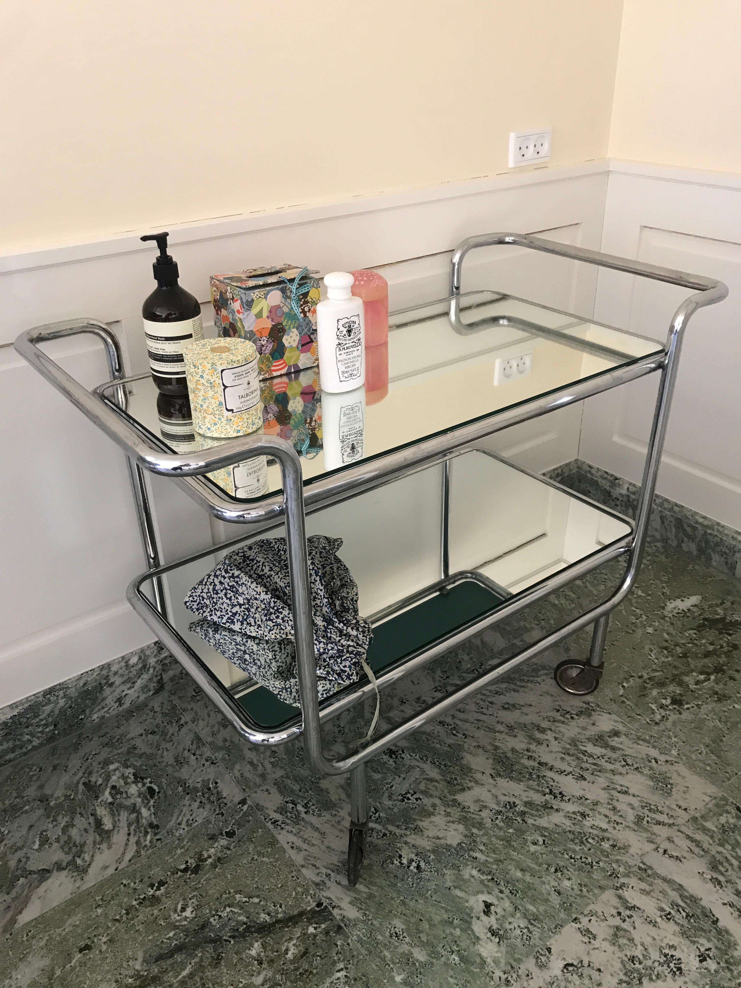 Vintage Bar Trolley in Chromed Steel and Mirrored Glass, France, 1940s 1