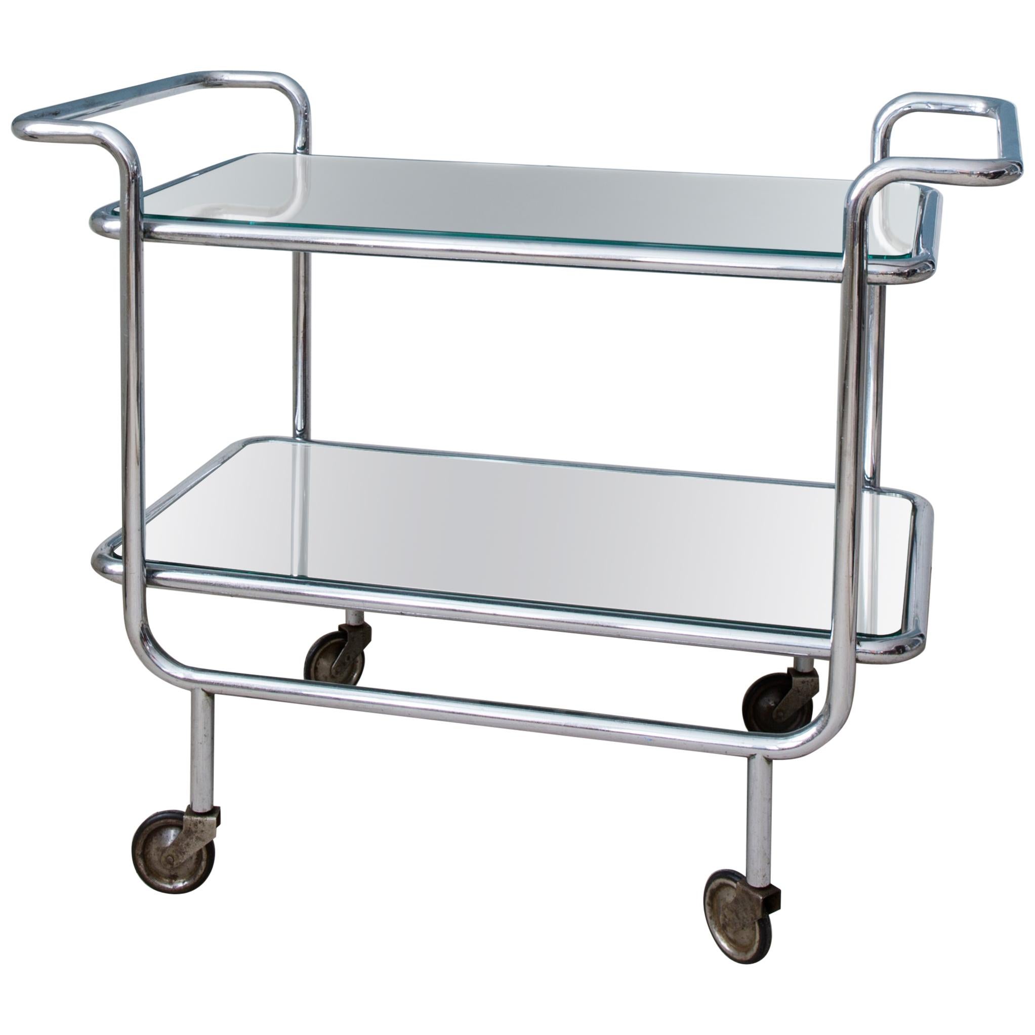 Vintage Bar Trolley in Chromed Steel and Mirrored Glass, France, 1940s