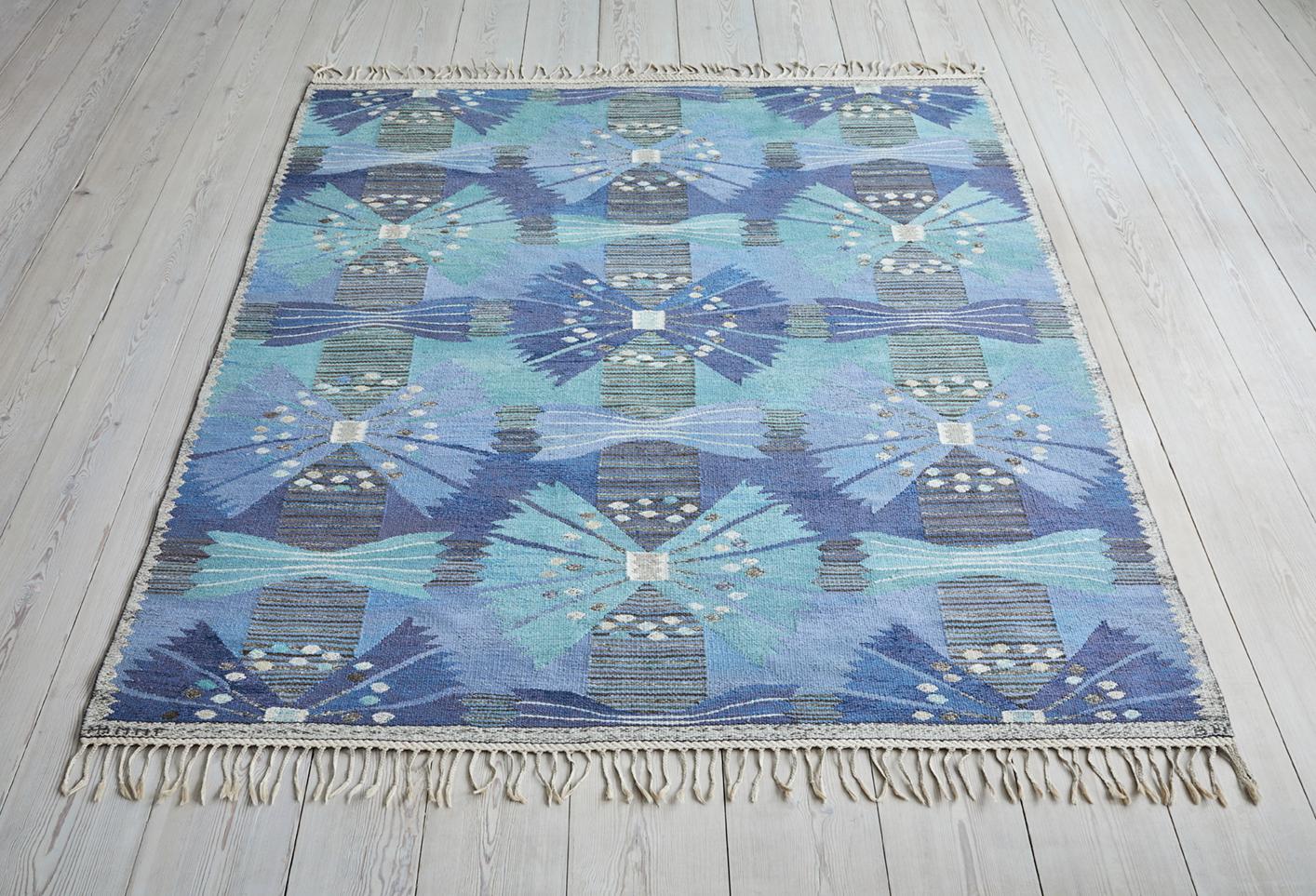 Barbro Nilsson
Sweden, 1960s

“Park, blue and green” rug. Handwoven wool in shades of blue, green and brown on linen warp. Designed in 1957. Handwoven at Märta Måås-Fjetterström AB, Båstad, Sweden.

Märta Måås-Fjetterström (1873-1941),