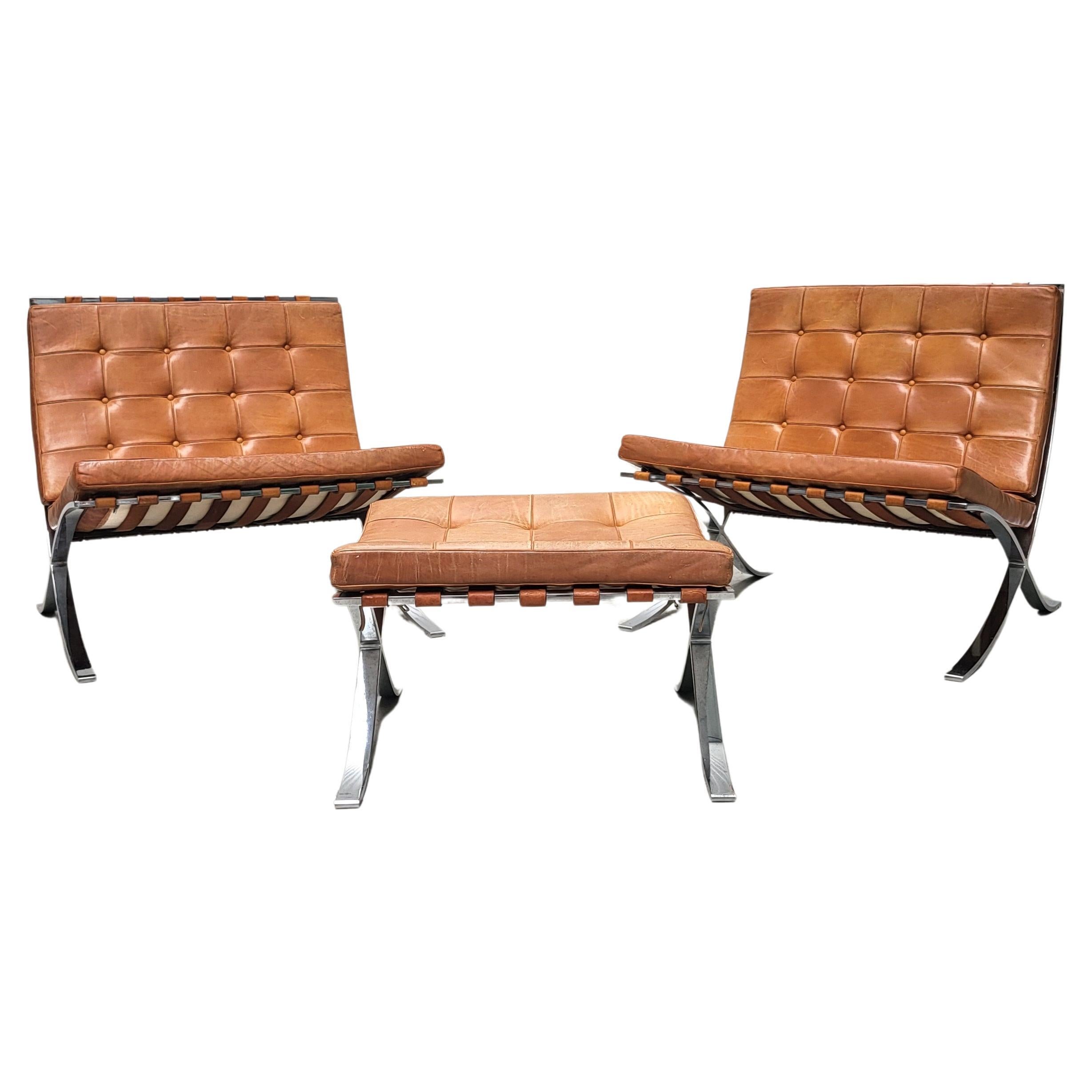 Vintage Barcelona Chair & Ottoman by Mies van der Rohe Knoll 1960s, Set of 3