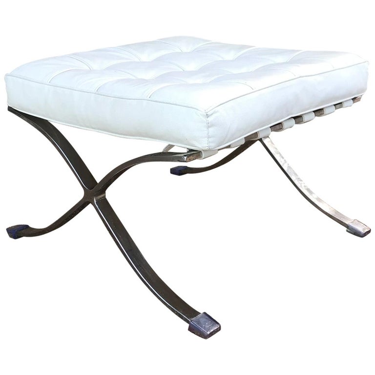 Vintage Barcelona Ottoman Stool White Leather and Chrome by Mies van