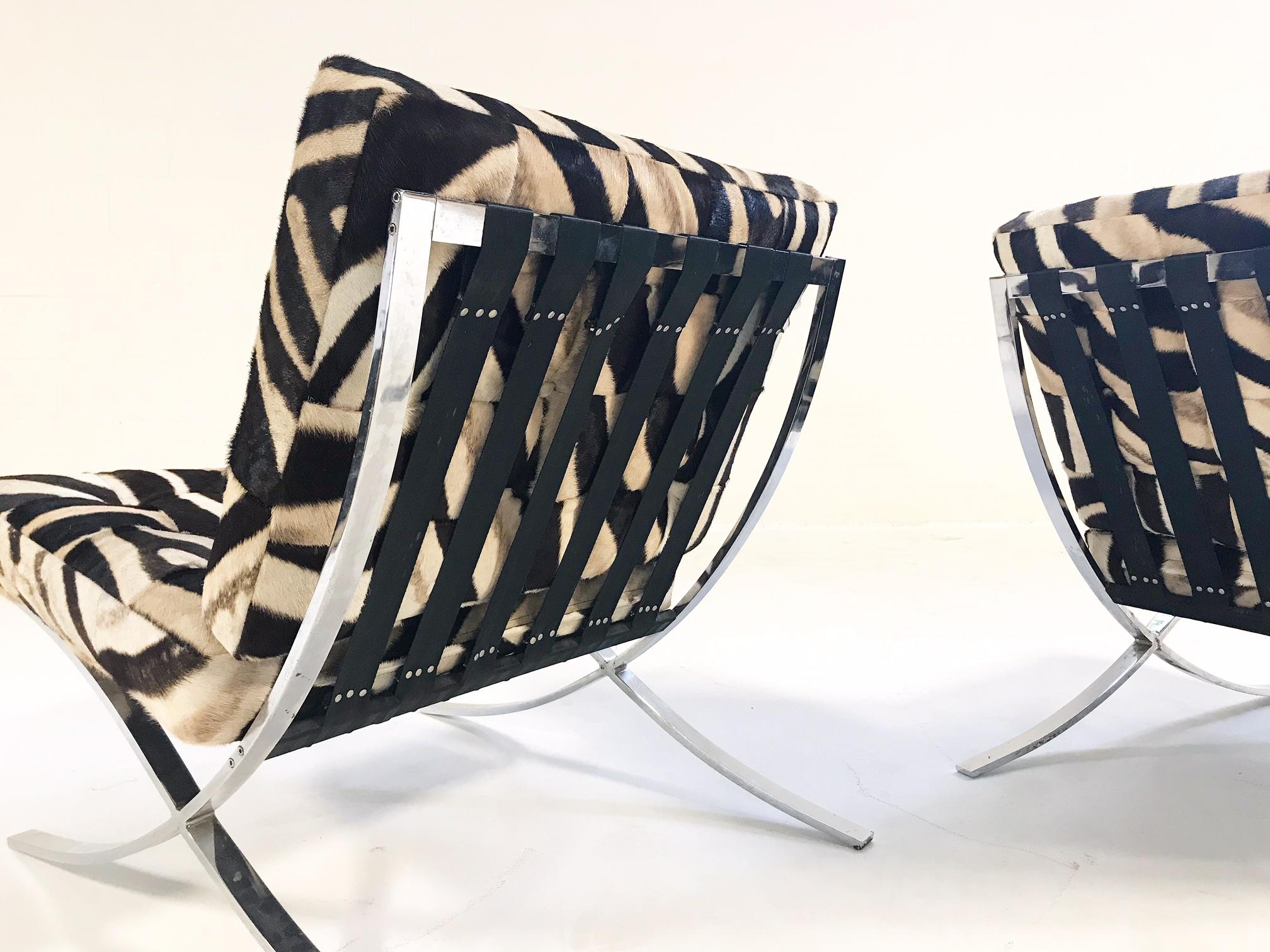 Vintage Barcelona Style Chairs Restored in Patchwork Zebra Hide, Pair In Excellent Condition In SAINT LOUIS, MO