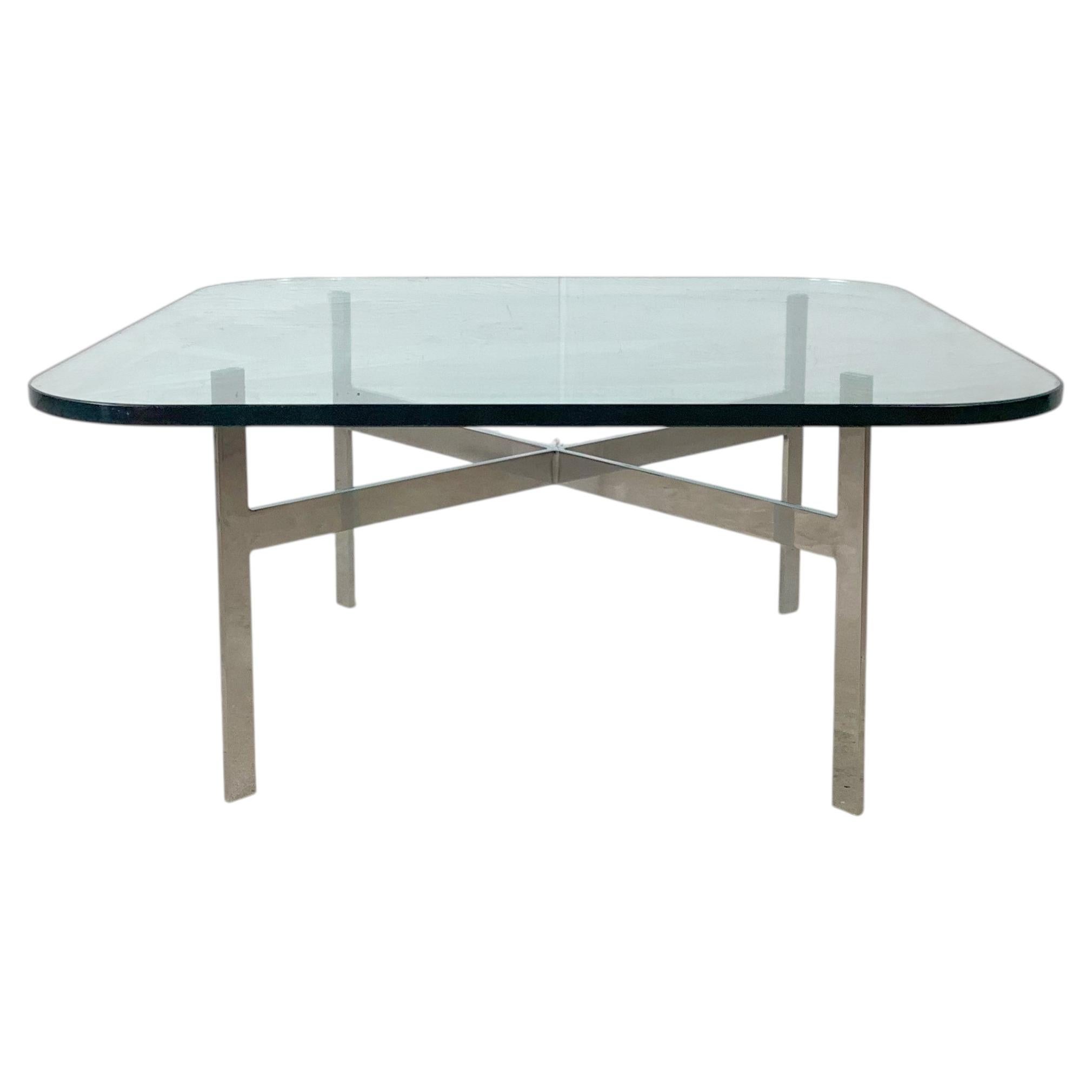 Vintage Barcelona-Style Coffee Table, Chrome X-Base & Thick Glass