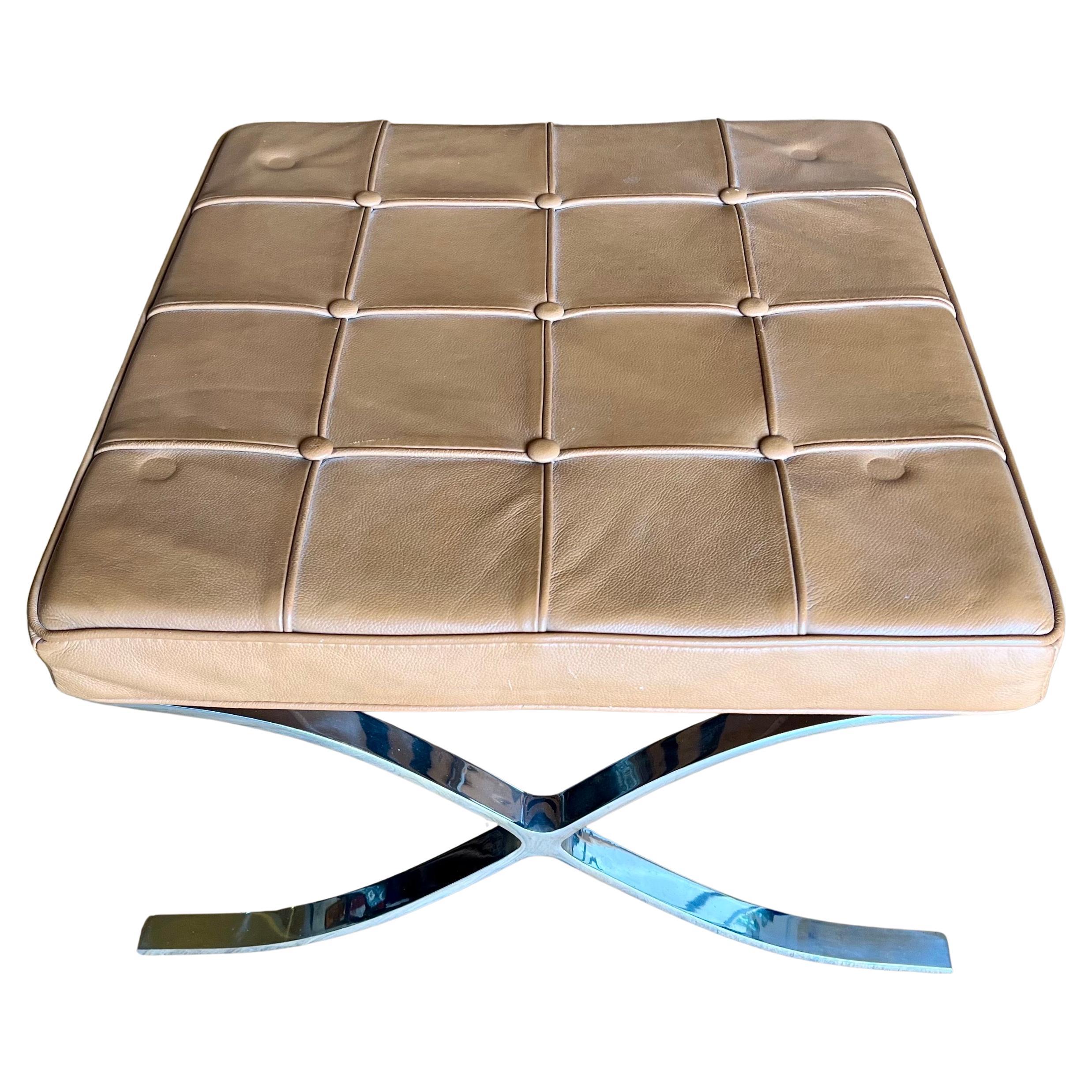 Bauhaus Vintage Barcelona Style Stool / Ottoman in Leather & Chrome