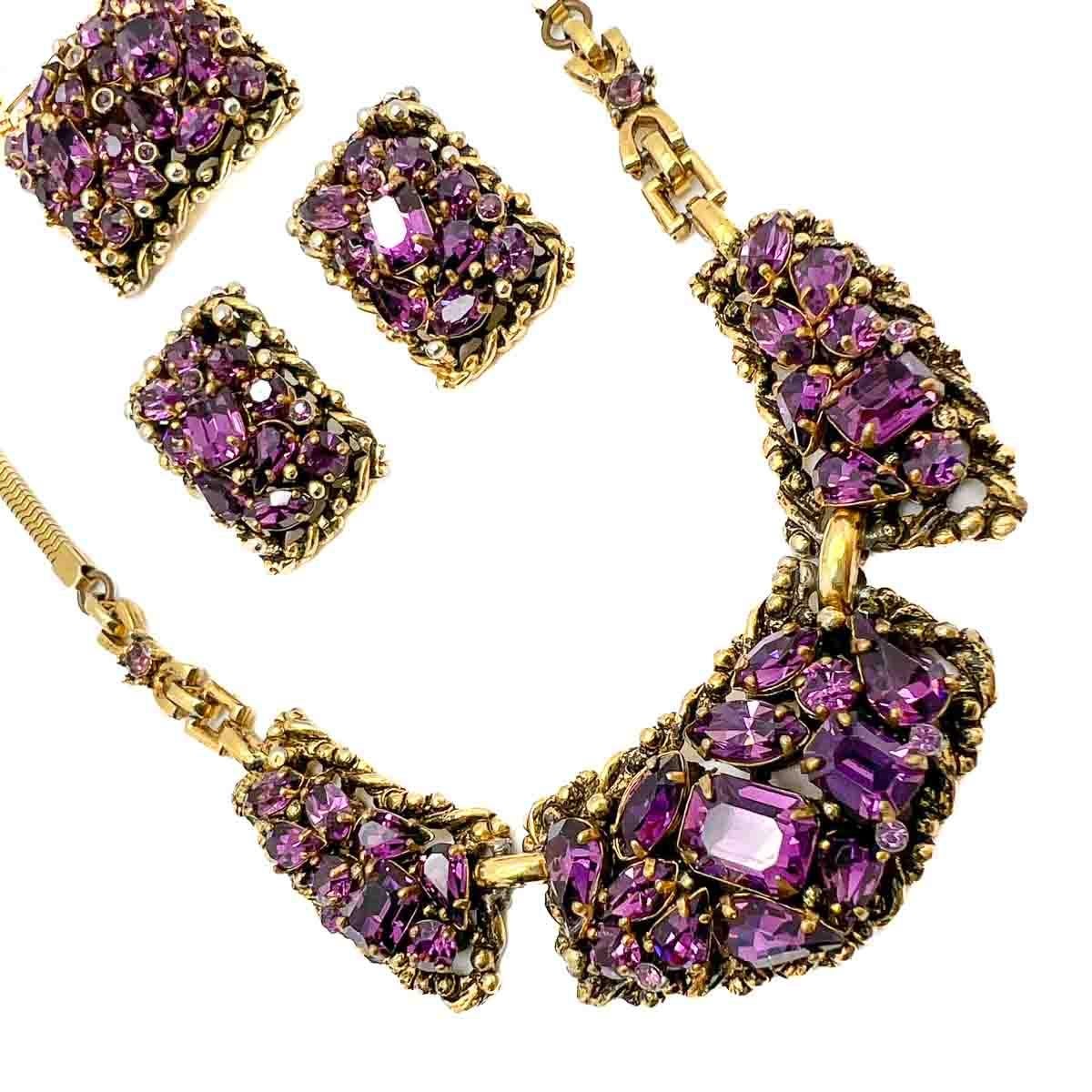 A Vintage Barclay Amethyst Necklace, brooch, and earring set. An exquisite creation that oozes opulence in a very wearable way. The perfect glam accessory.
Founded in 1947, Barclay Jewellery was known for exquisite detail and excellent quality