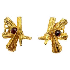 Retro Bark Cabochon Garnet Earrings 1960s