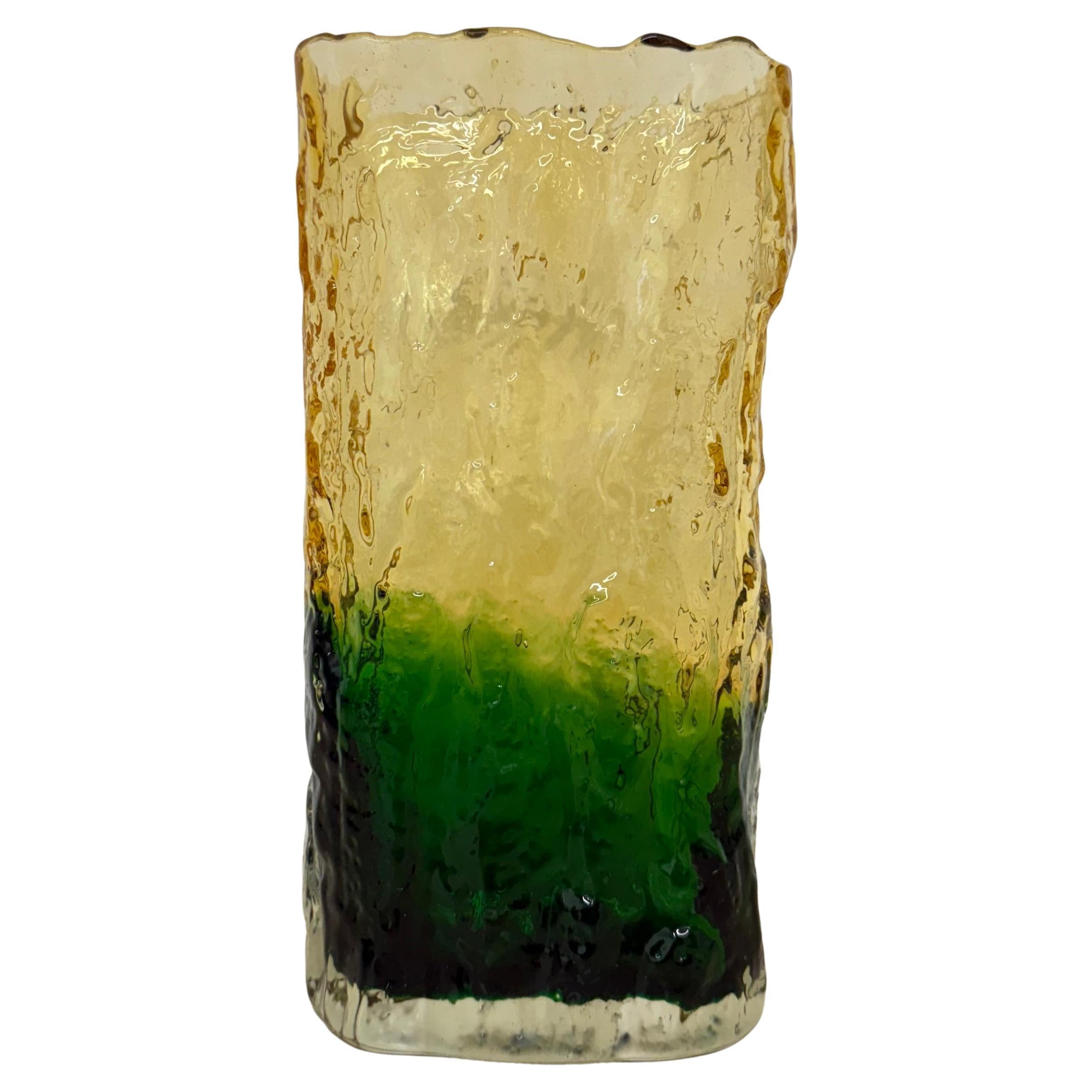 Vintage bark glass vase yellow and green , 1970’s