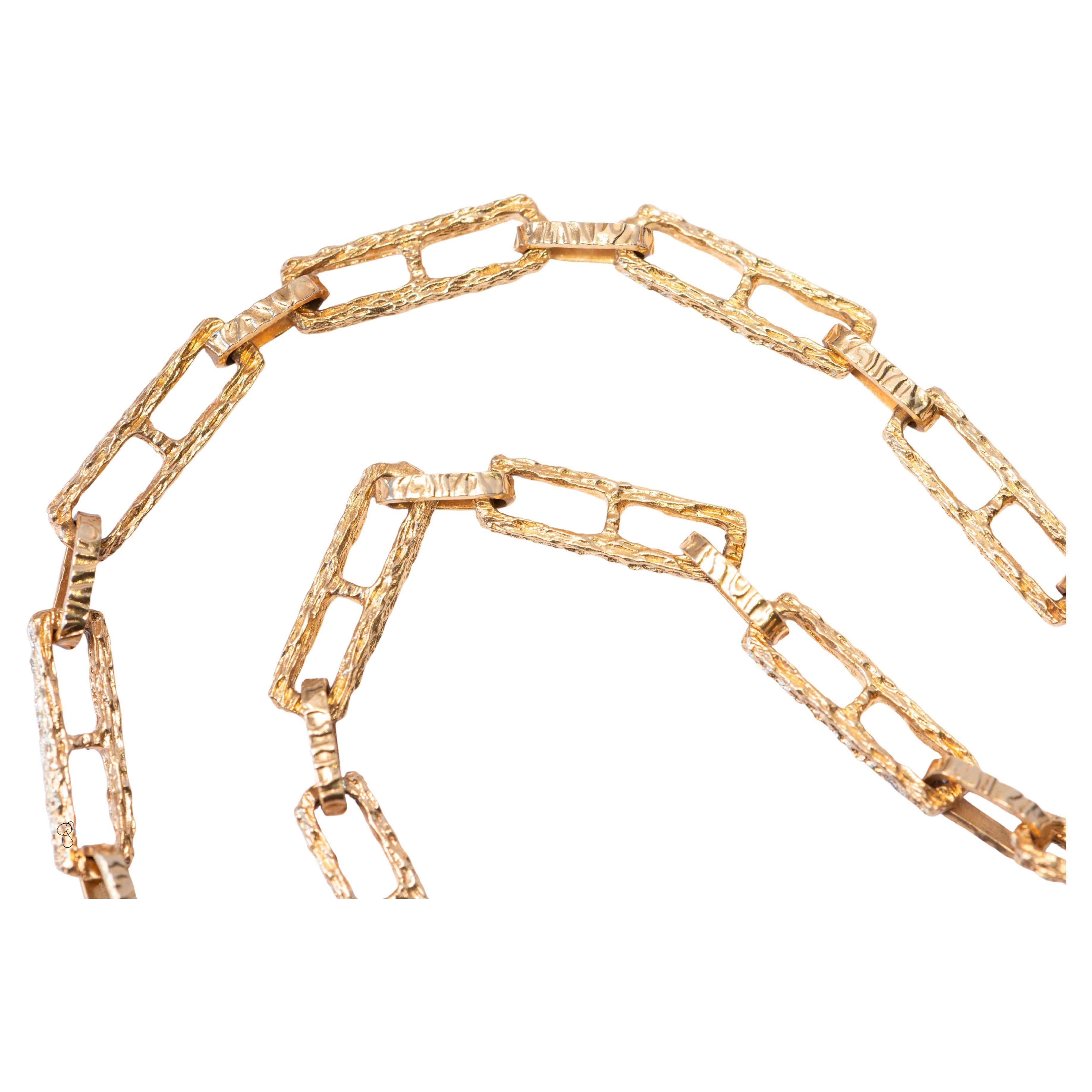 Vintage Bark Textured Link Chain Necklace 14k Solid Yellow Gold 25.7 Grams For Sale