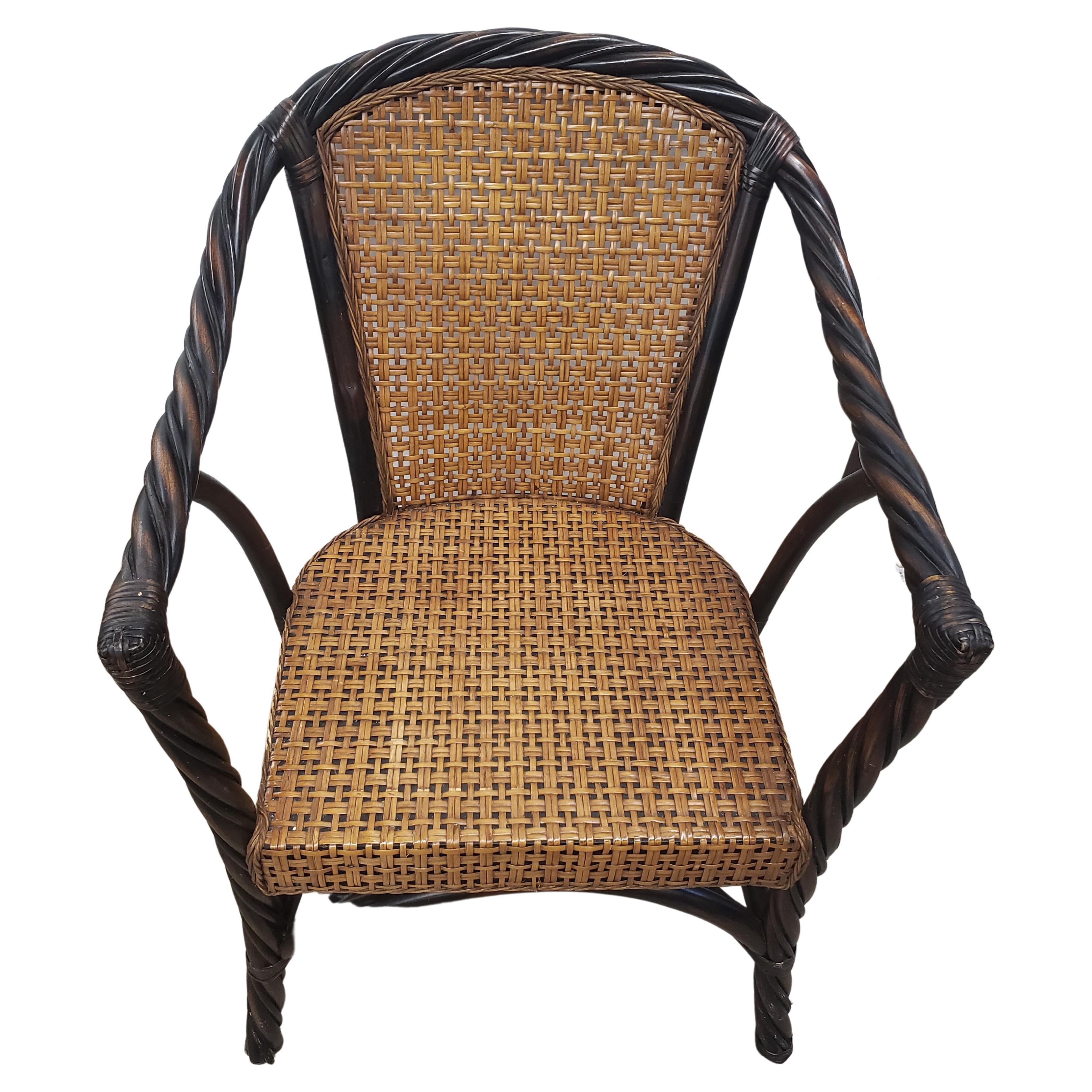 Mid-Century Modern Vintage Barley Twist Ebonized Rattan and Wicker Seat and Back Armchair For Sale