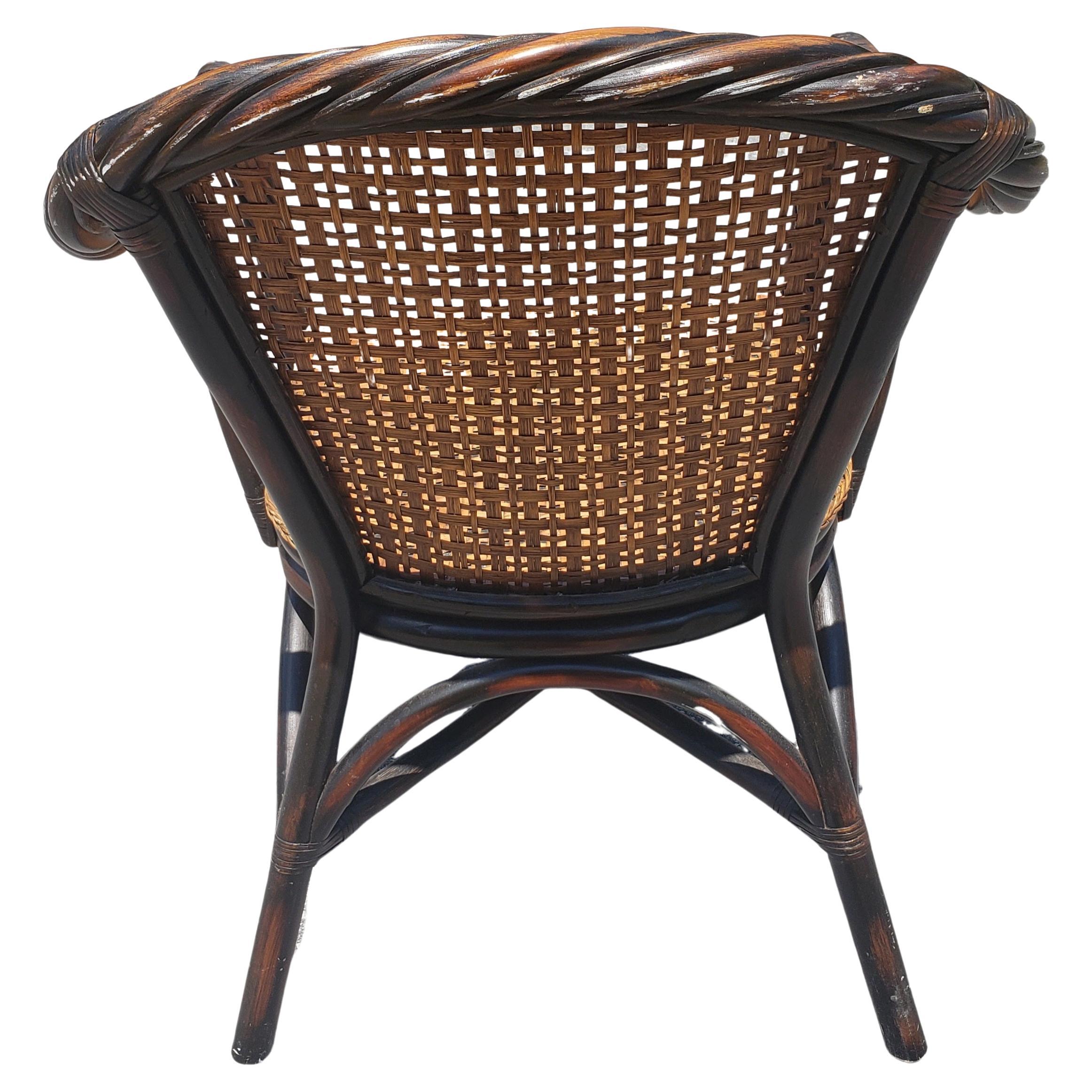 Woodwork Vintage Barley Twist Ebonized Rattan and Wicker Seat and Back Armchair For Sale