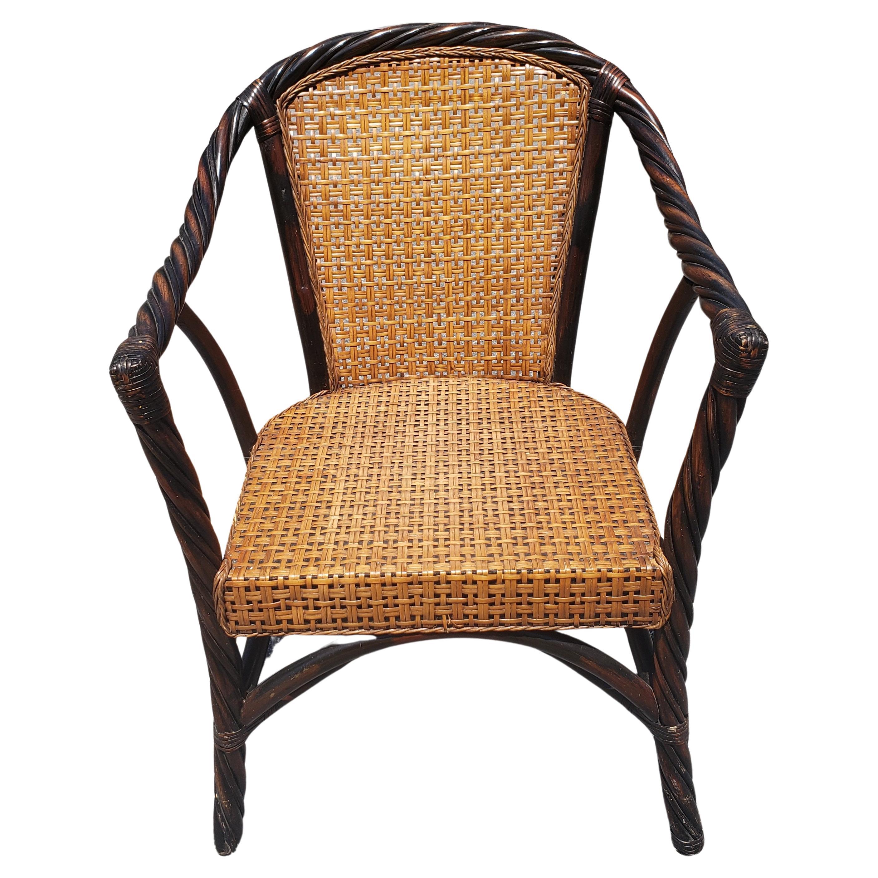 Vintage Barley Twist Ebonized Rattan and Wicker Seat and Back Armchair