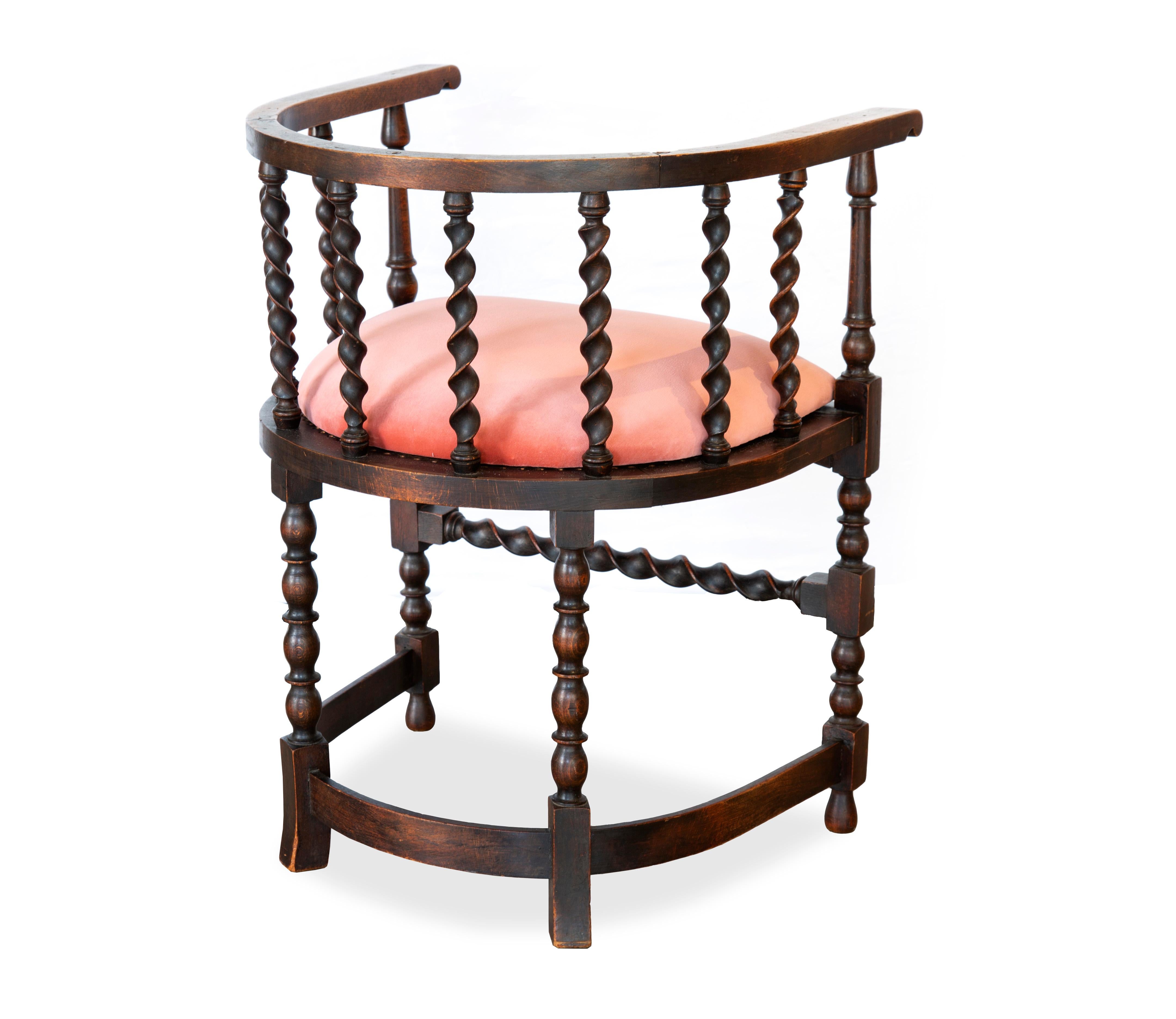 Vintage barley twist oak chair recently upholstered in coral cotton velvet.