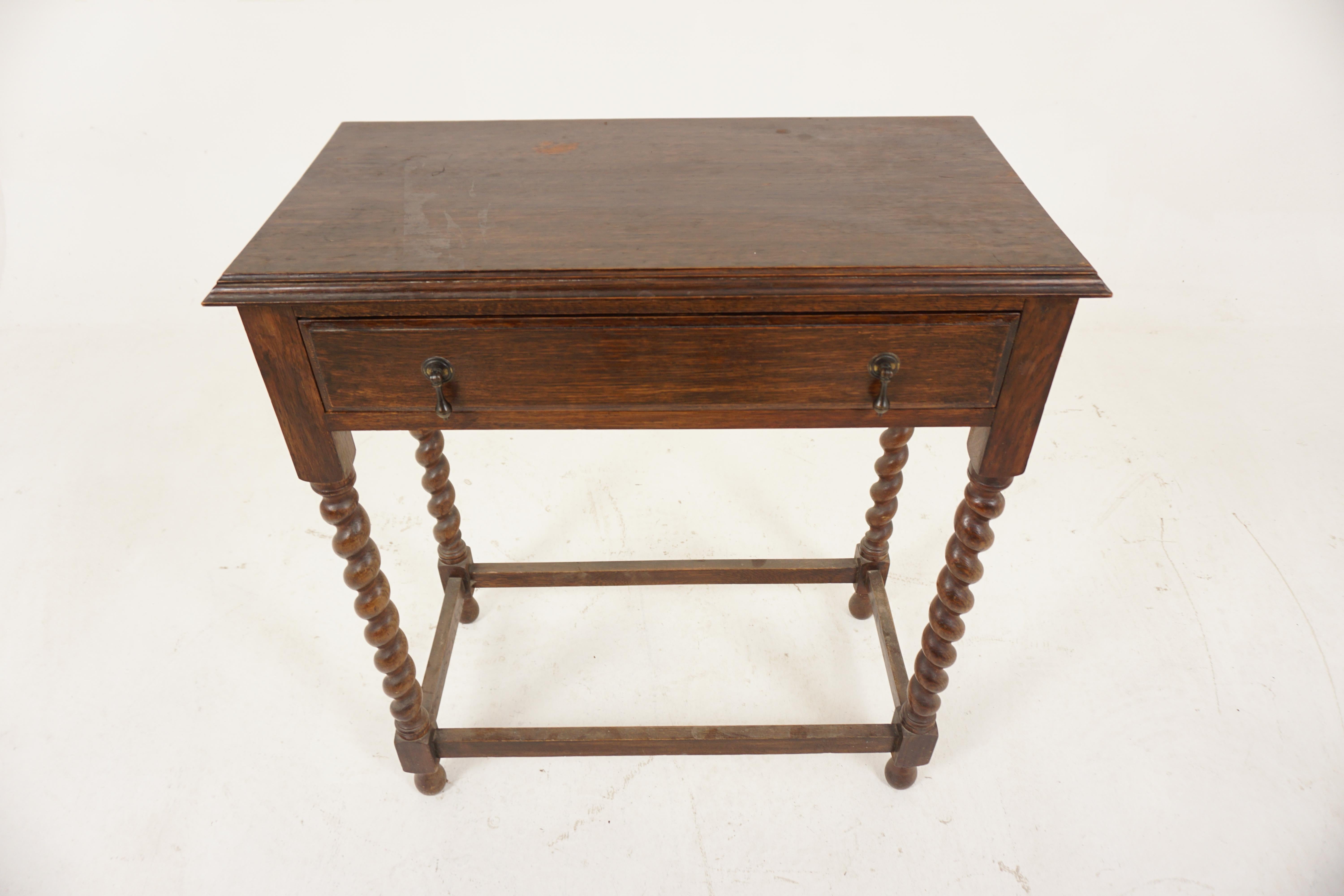 Vintage Barley Twist Oak Hall Table, Sofa Table, Scotland 1920, B1080

Scotland 1920
Solid Oak
Original Finish
Rectangular moulded top
Drawers with original hardware
All standing on barley twist legs
Joined by stretchers on the base
Some