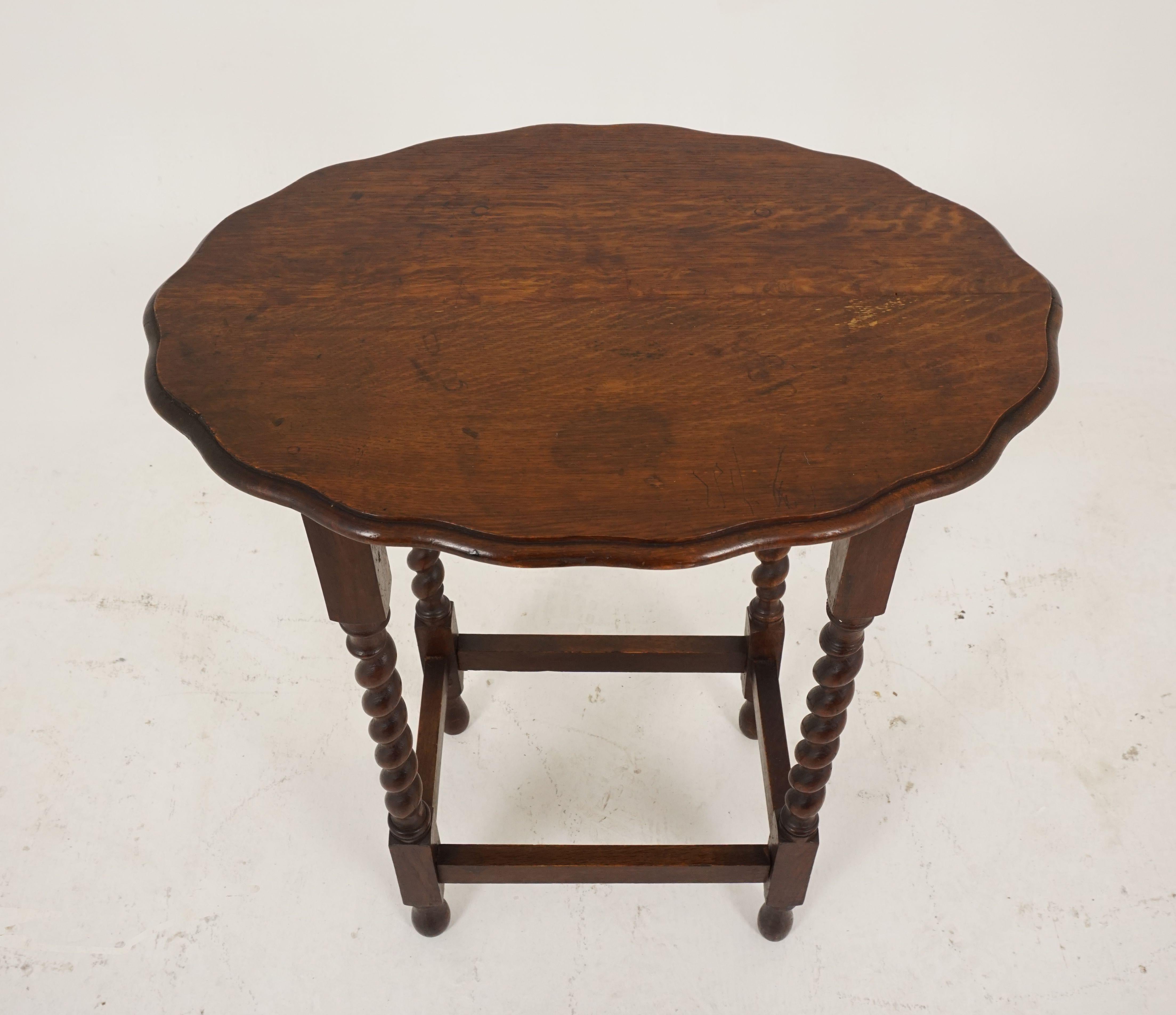 Vintage barley twist oak oval lamp table, Scotland 1930, B2215

Scotland, 1930
solid oak
Original finish
Oval shaped top with a pie crust edge
Standing four barley twist legs
All connected by stretchers
All joints are tight
Some wear to the