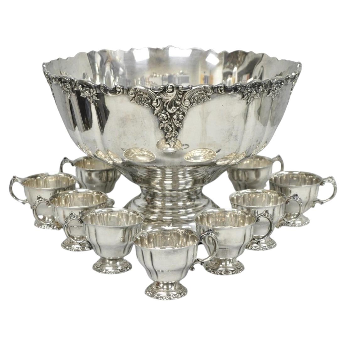 Vintage Baroque by Wallace 252 & 253 Silver Plated Punch Bowl Set w/ 10 Cups