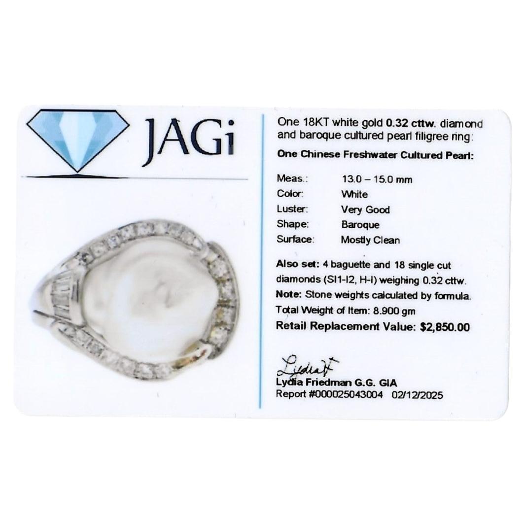 Anello da cocktail barocco d'epoca con perle e diamanti in filigrana in oro bianco 18 carati in vendita 7