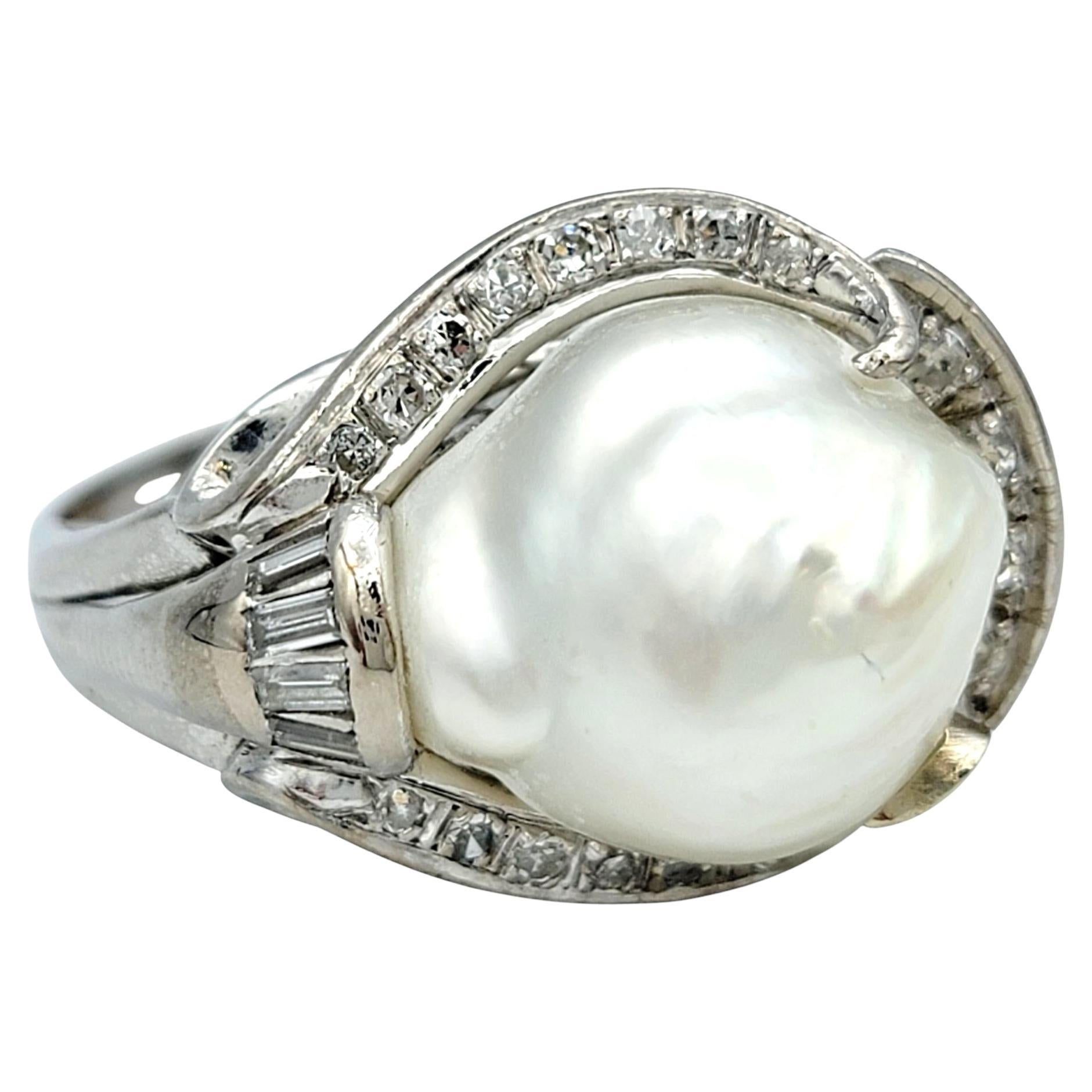 Vintage Baroque Pearl and Diamond Filigree Cocktail Ring in 18 Karat White Gold