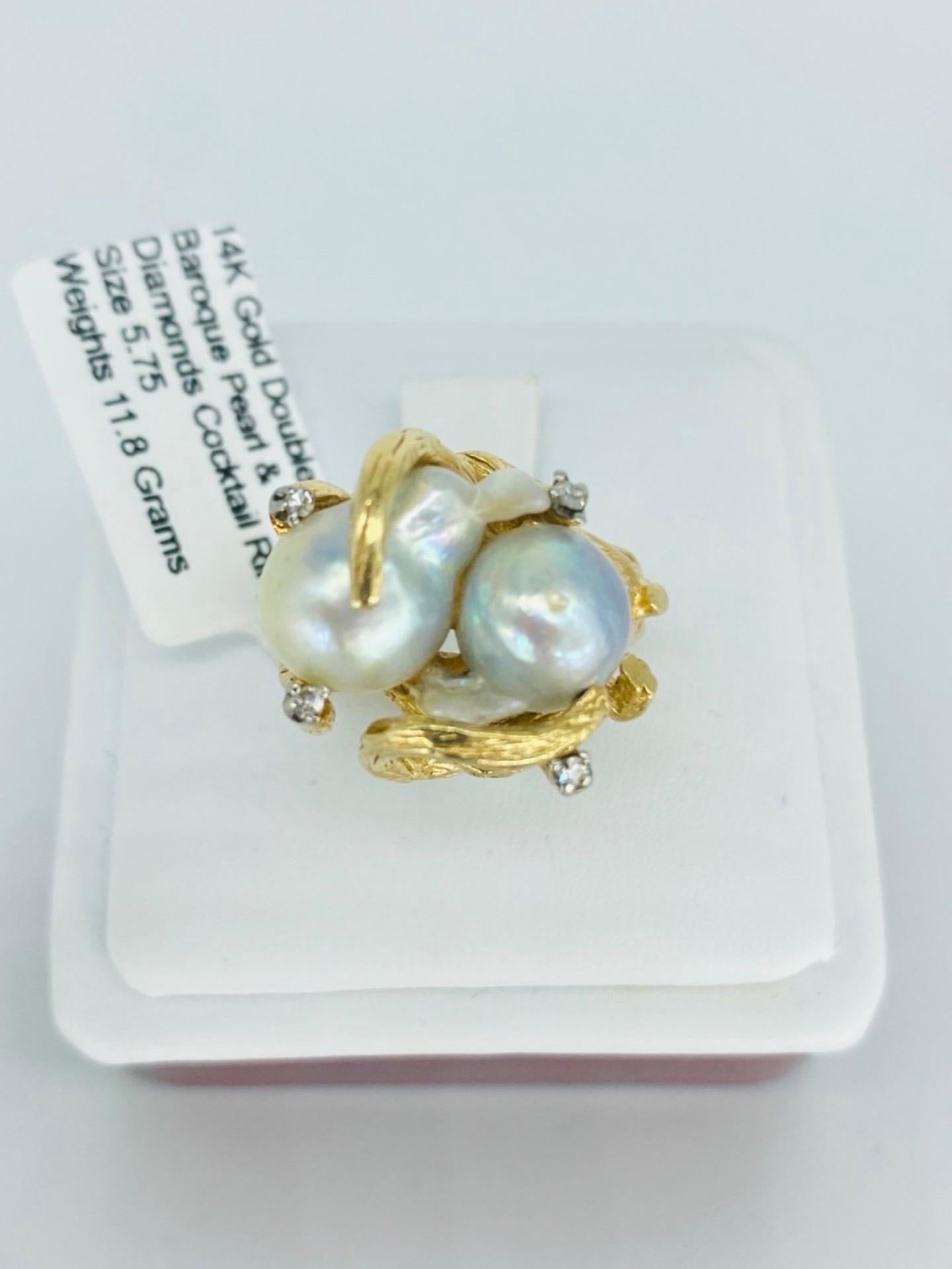 Vintage Baroque Pearl and Diamonds Cocktail Ring 14k Gold  For Sale 1