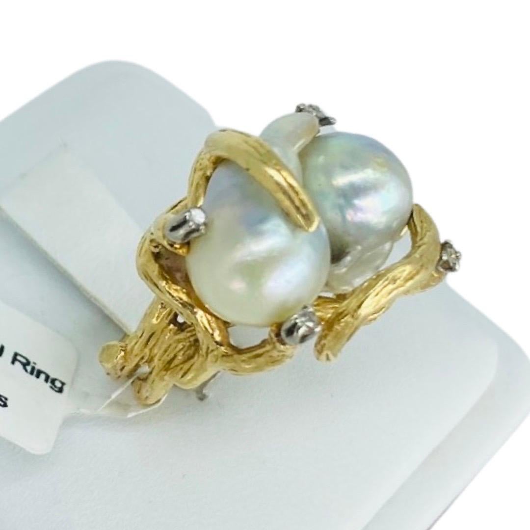 Vintage Baroque Pearl and Diamonds Cocktail Ring 14k Gold  For Sale 2