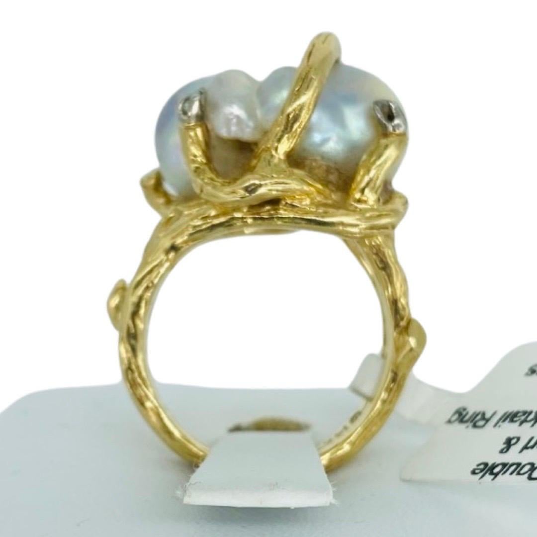 Vintage Baroque Pearl and Diamonds Cocktail Ring 14k Gold  For Sale 3