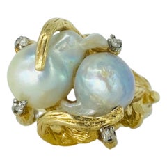 Anello da cocktail barocco vintage con perle e diamanti in oro 14k 